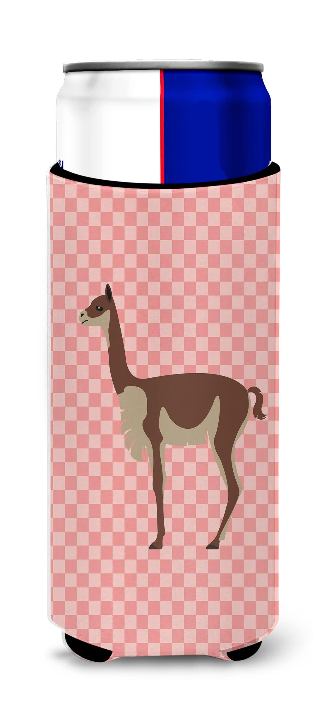 Caroline's Treasures Caroline's Treasures BB7917MUK Vicugna or Vicuna Pink Check Ultra Hugger for Slim cans Can Cooler Sleeve Hugger Machine Washable Drink Sleeve Hugger Collapsible Insulator Beverage Insulated Holder