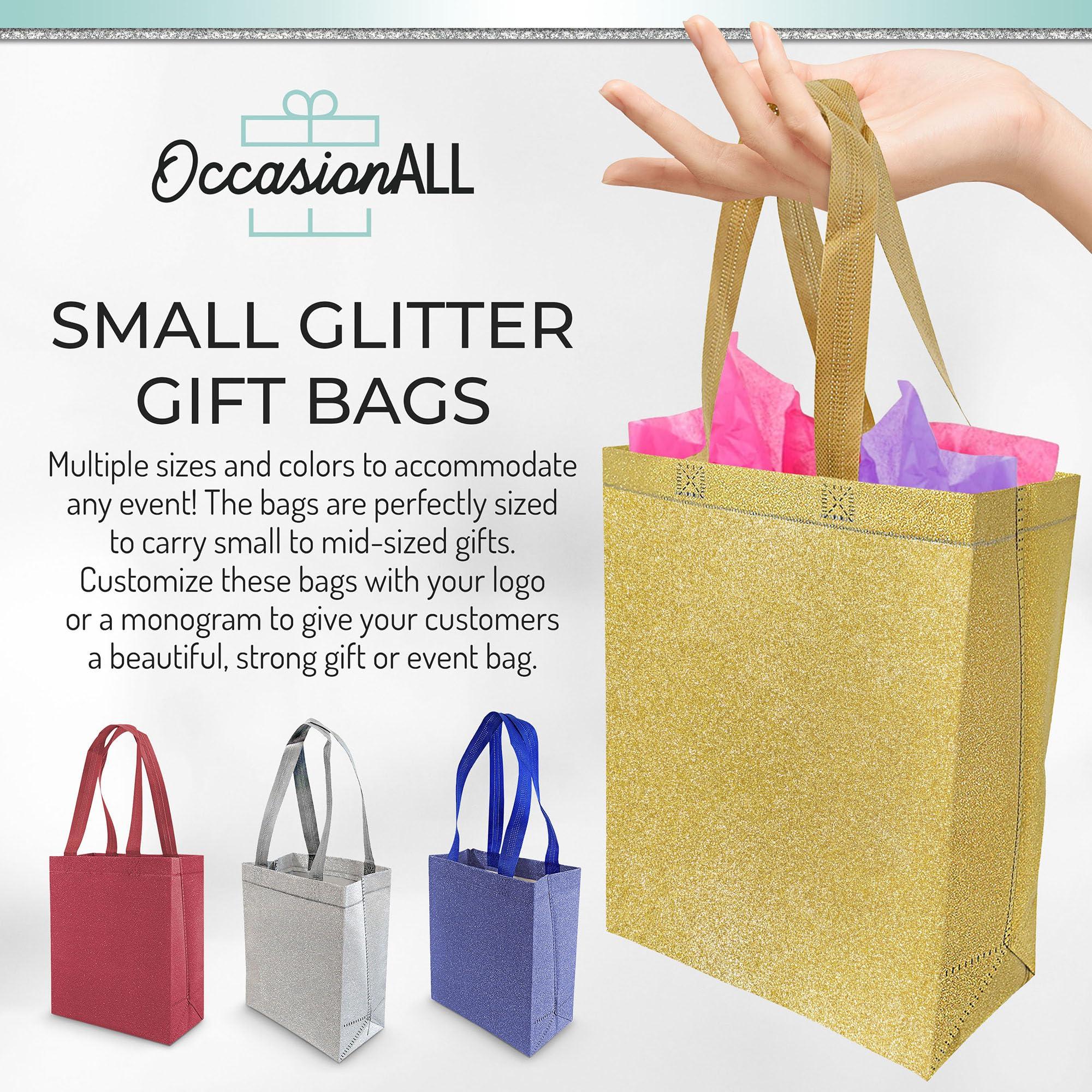 OccasionAll OccasionALL Gold Christmas Gift Bags, Large Reusable Glitter Totes with Handles for Holiday Shopping, Birthdays, Party, Events, Bulk, 10x5x13 12 Pack