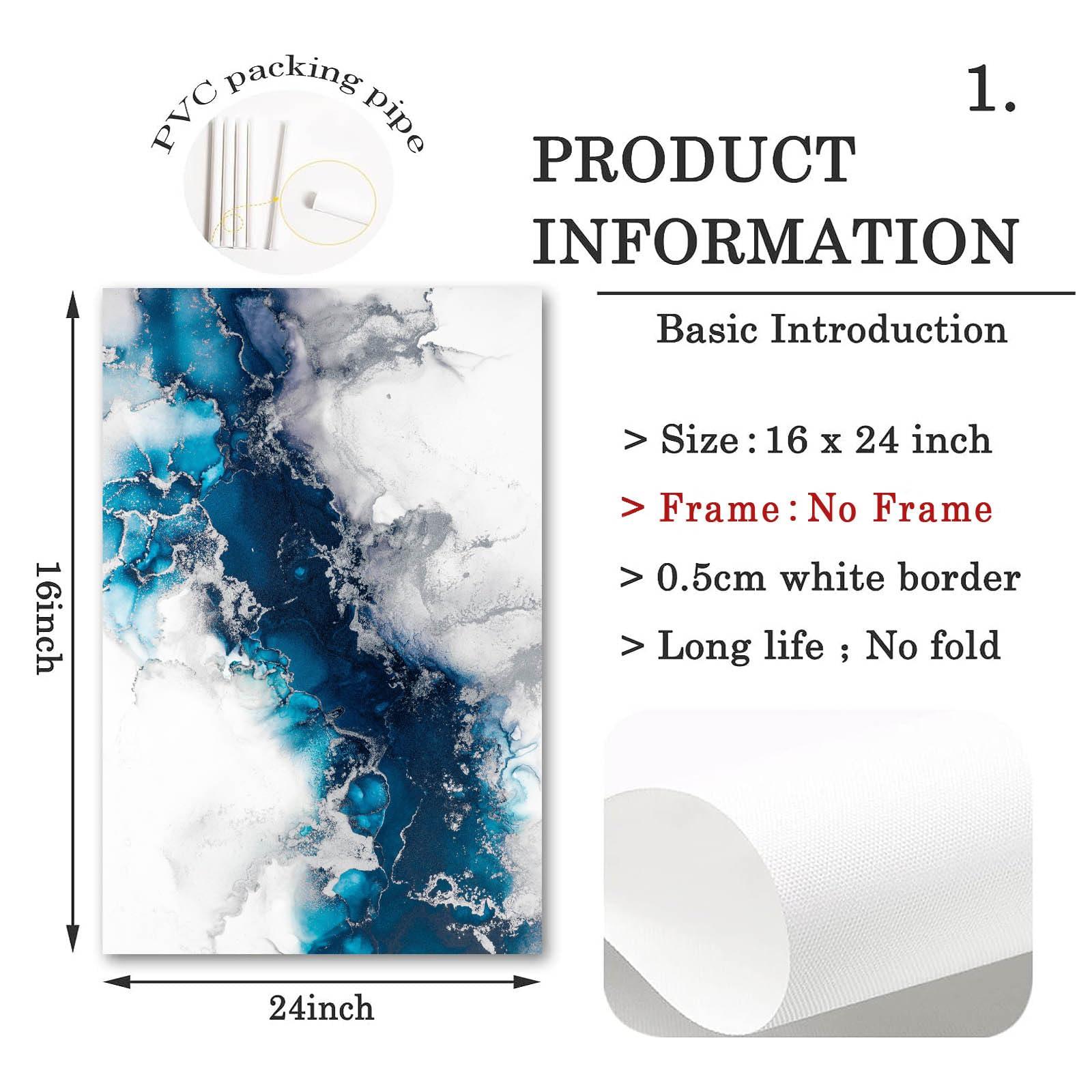 Dthllay Teal Blue Abstract Wall Art Blue Marble Canvas Art Blue Silver Abstract Picture Teal and Silver Wall Painting Abstract Teal Art Marble Navy Blue Grey and White Wall Art Bathroom 16x24inch No Frame