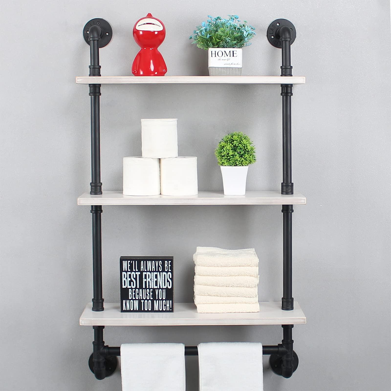 MBQQ Industrial Pipe Shelving,Iron Pipe Shelves Industrial Bathroom Shelves with Towel bar,24in Rustic Metal Pipe Floating Shelves Pipe Wall Shelf,3 Tier Industrial Shelf Wall Mounted,Black & White