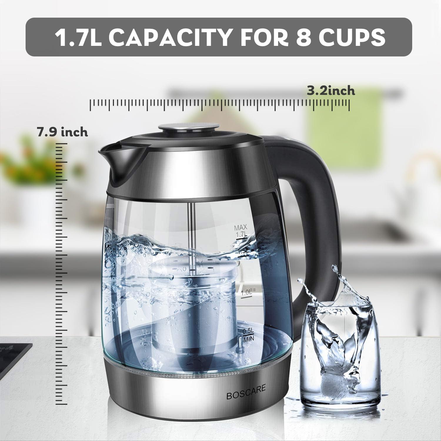 Fangflower Electric Glass Kettle 1.7L, Hot Water Boiler with 1500W Fast Boiling/ 5 Presets LED Indicator Lights/Removable Tea Infuser/Auto Shut-off