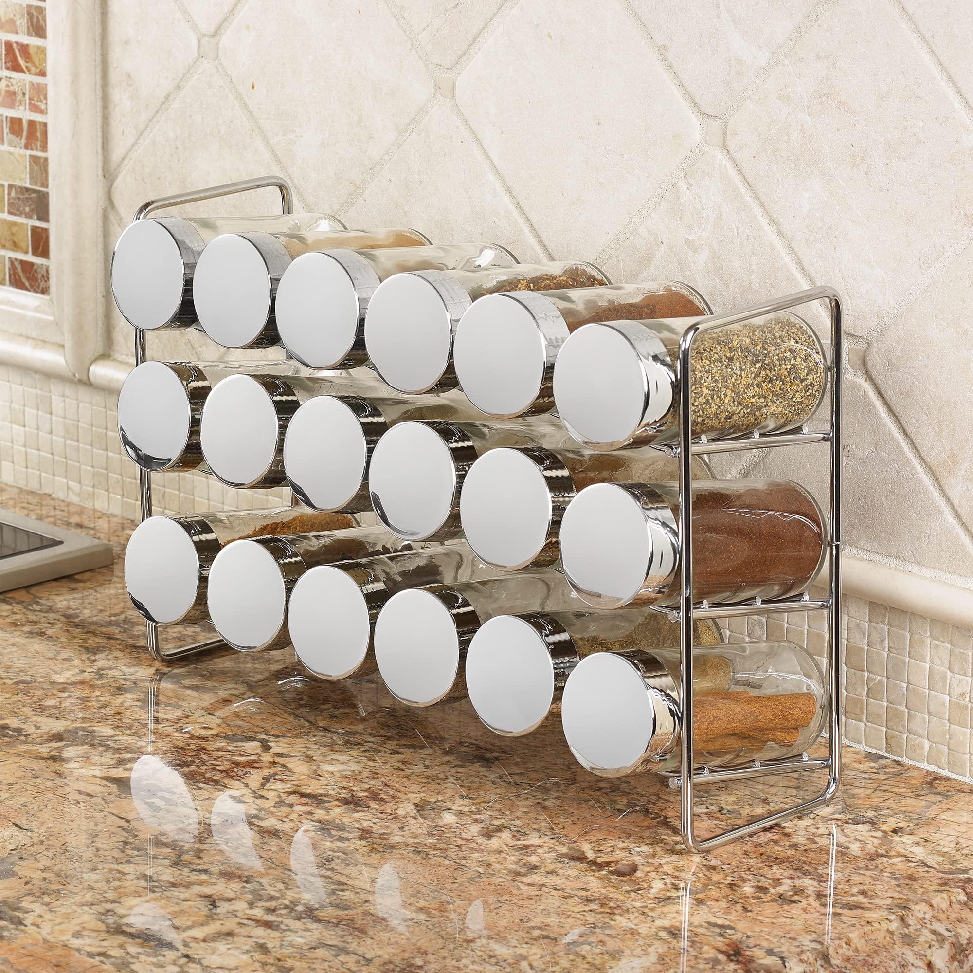 Polder Polder Chrome 18-Jar Compact Spice Rack, 18-5 ounce Glass Jar has Perforated Shaker Caps, Chrome Plated Lids, Sleek Enough for Countertop, Compact for Cabinet Storage