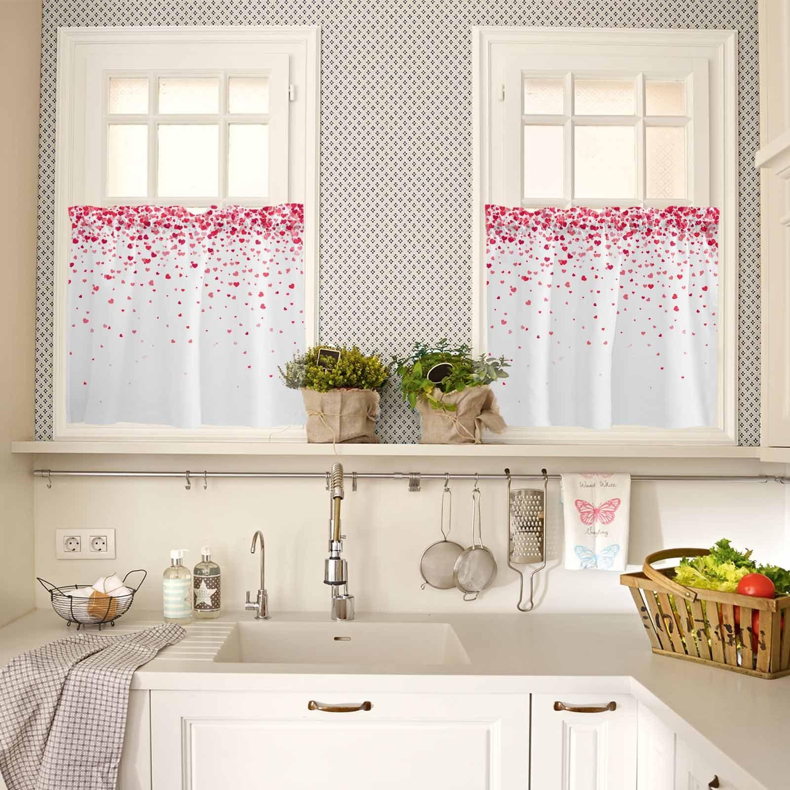 Jolunifun Jolunifun Valentine's Day Kitchen Curtain 24 Inch Length Small Short Cafe Tiers Curtains Drape, 2 Panel Window Treatment Rod Pocket Drapery Panels Curtains, Red Sweeping Love Heart Simple White 55x24