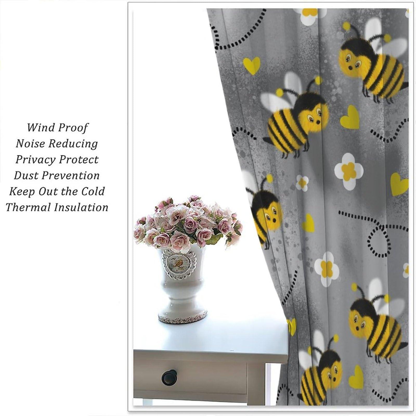 HZOHNAGO HZOHNAGO Bee Curtains Cute Bees White Flowers Grey Blackground Blackout Print Rod Pocket Window Drapes for Bedroom Living Room 84x84in