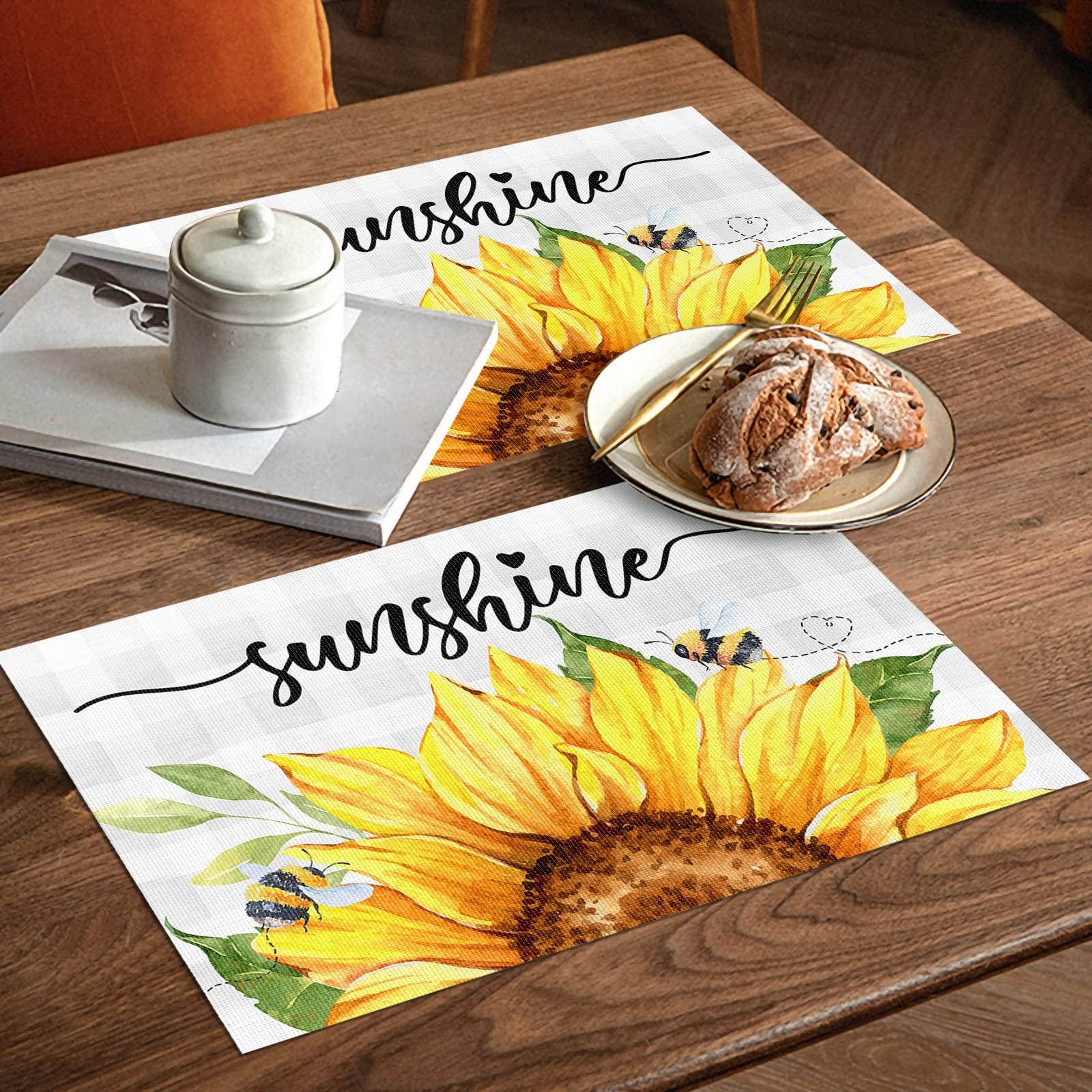 Savannan Placemats, Sunflower Bee Leaves Gray and White Plaid,Reusable Dining Table Placemats Rectangle Heat Resistant Table Mats for Parties,Weddings,Set of 4, 13\"x19\"