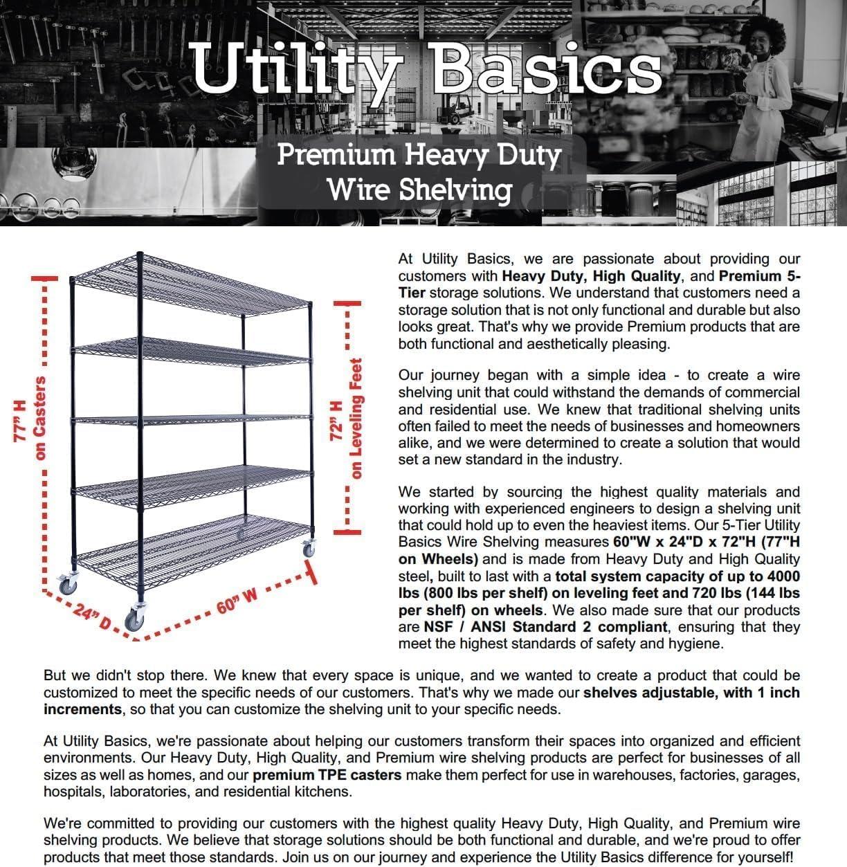 Utility Basics Utility Basics 60"x24"x72" Black 5-Tier Premium Metal Wire Shelving NSF 4000 LBS MAX Capacity Heavy Duty Steel Storage Rack for Warehouse, Garage, Hospital, Commercial Space & School w/Premium Wheels