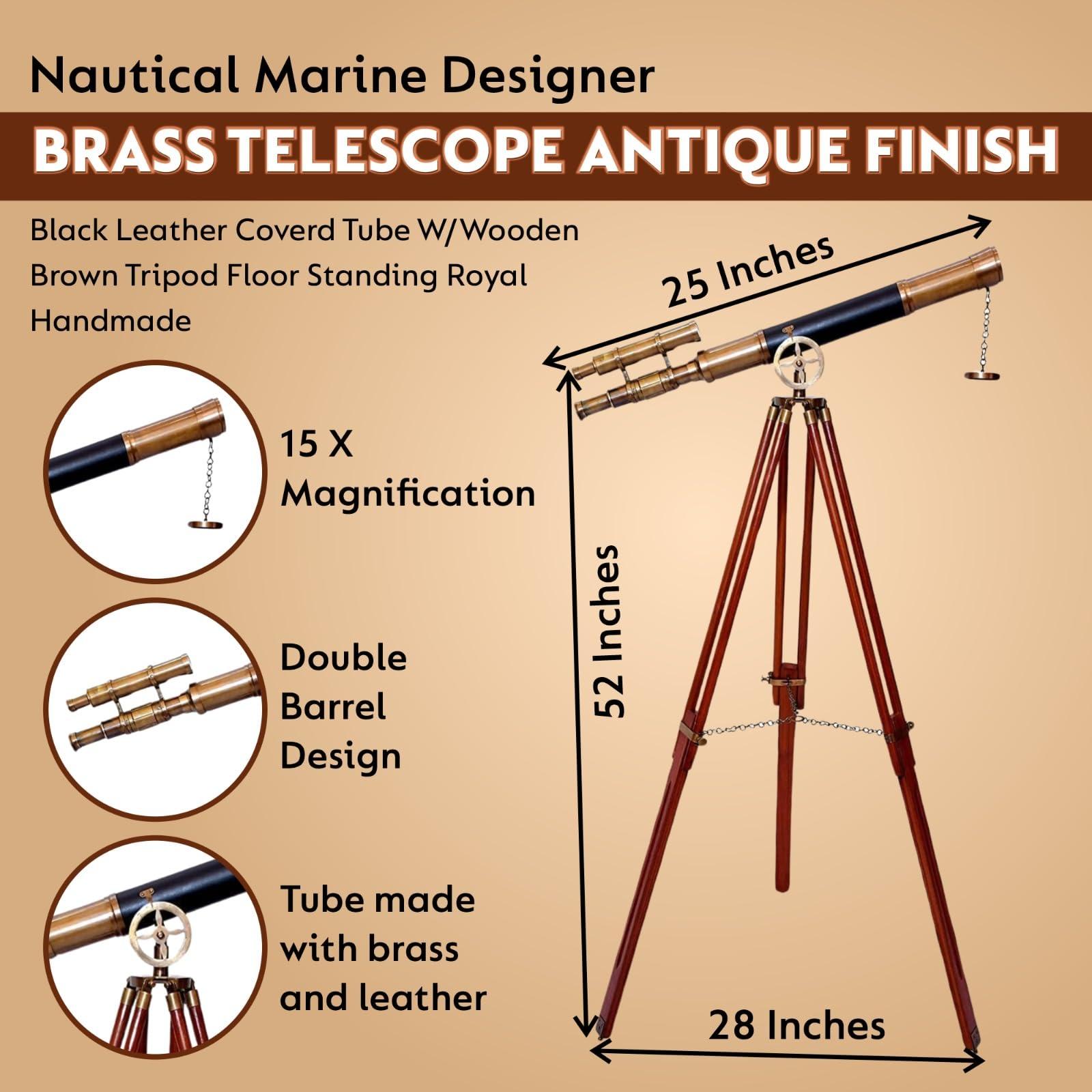 NAVIROCK Nautical Marine Designer Brass Telescope Antique Finish Double Barrel Black Leather Coverd Tube W/Wooden Brown Tripod Floor Standing Royal Handmade Authentic Telescopic - Navirock