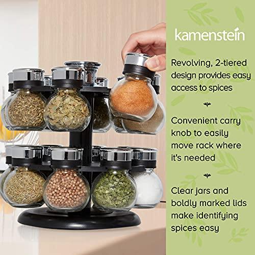 Kamenstein Kamenstein 16 Jar Ellington Revolving Countertop Spice Rack with Lift & Pour Caps and Spices Included, FREE Spice Refills for 5 Years: Black and Chrome