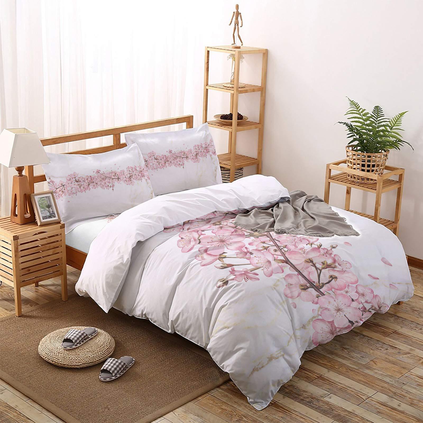 Plelat Zipper Duvet Cover Set Soft Comforter Cover Set for Girls Boys,Pink Peach Blossom Beautiful Flowers Bedding Sets Twill Plush Bed Sheet Set,King Size