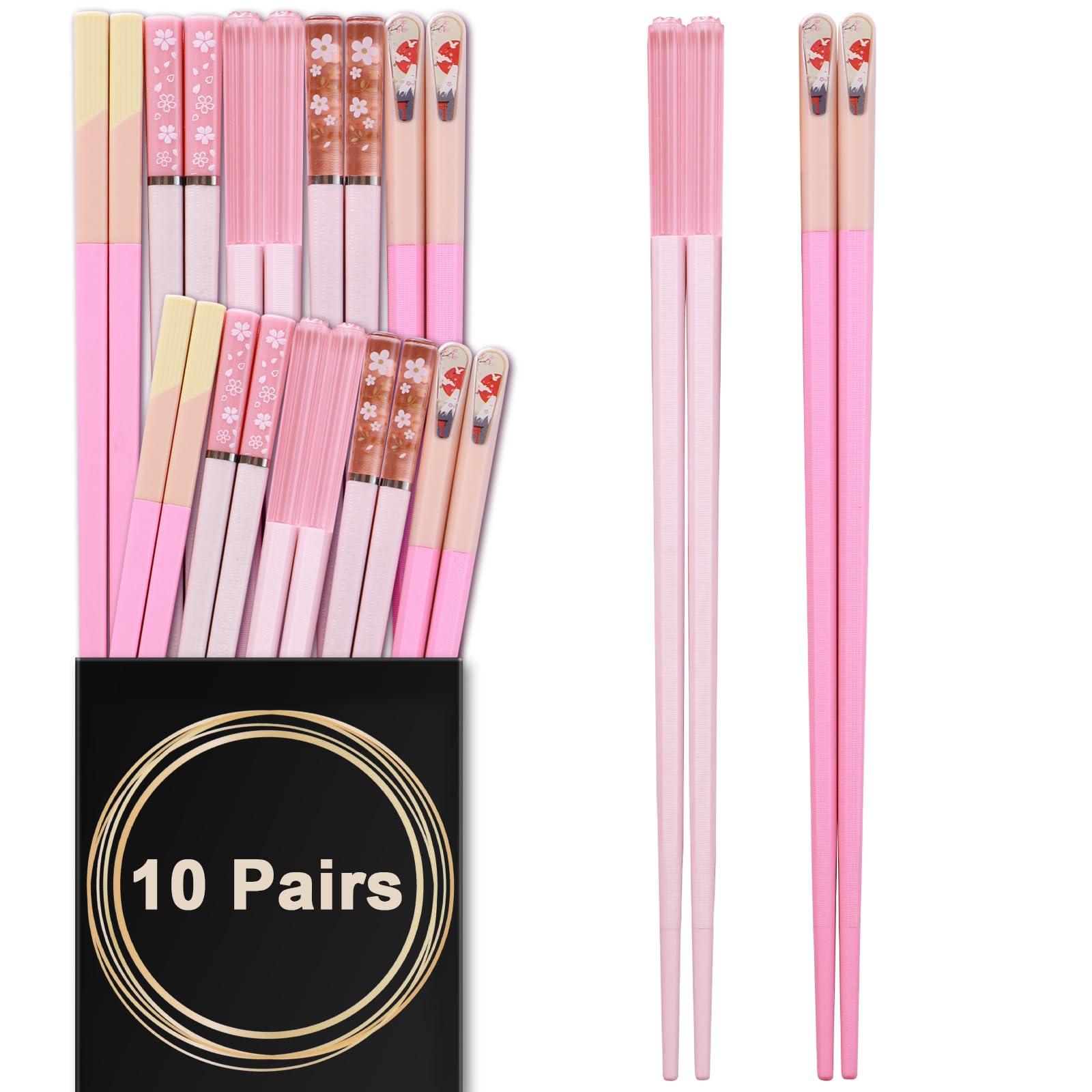 GLAMFIELDS Chopsticks Reusable Dishwasher Safe, GLAMFIELDS 10 Pairs 9.5 Inches Premium Fiberglass Chop Sticks Set for Sushi, Ramen, Asian Cuisine, Non-slip, Pink