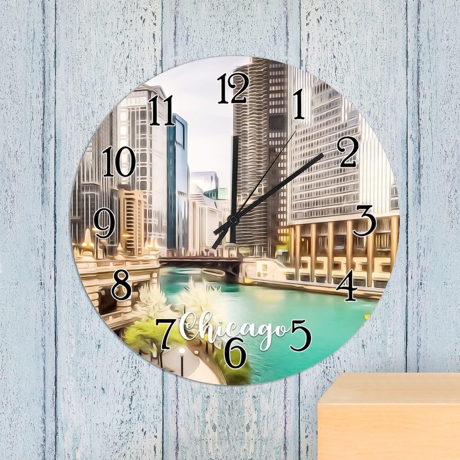 Generic Hanging Wall Clock USA City Chicago Wall Clock Silent Non-Ticking Wall Clocks American Cities in Illinois States Round Clocks City Souvenir Clocks for Home Office 15inch