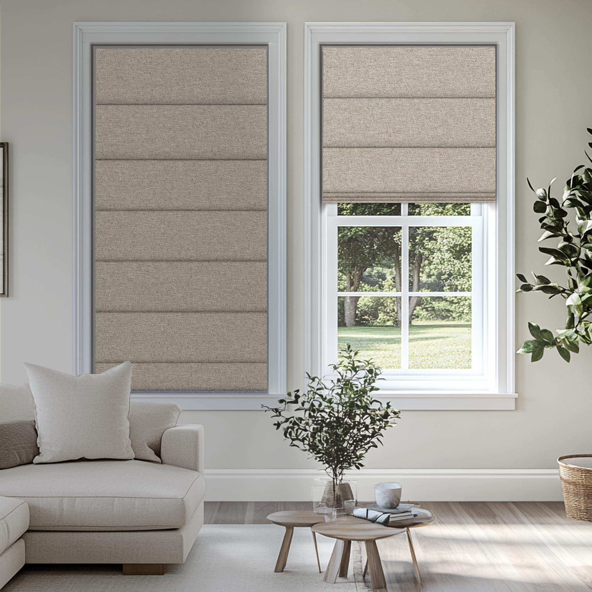 Sulugood Sulugood No Tools No Drill Cordless Blackout Roman Shades, Room Darkening. Roller Blinds for Window, Roll Up Blinds for Window Bedroom, Living Room. Blackout Light Brown, 23" W x 56" H...