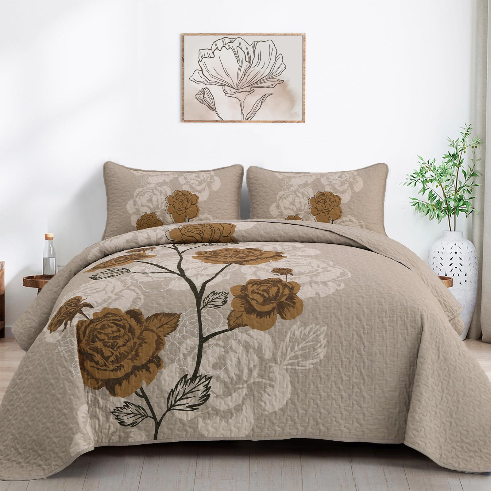 Anibedding Anibedding Floral Quilt Set Queen Size,Elegant Brown Floral Printed Bedspread Coverlet 3 Pieces Soft Microfiber Bedding Set with 2 Pillowcases for All Season(96\"90\")