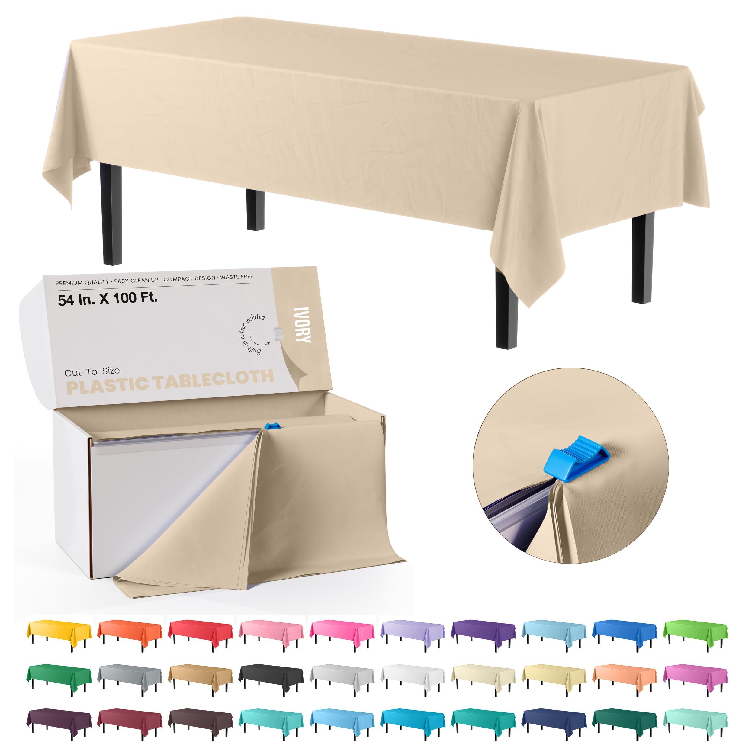 Exquisite Exquisite 54 Inch X 100 Feet Ivory Plastic Table Cover Roll in A Cut - to - Size Box with Convenient Slide Cutter. Cuts Up to 12 Rectangle 8 Feet Plastic Disposable Tablecloths