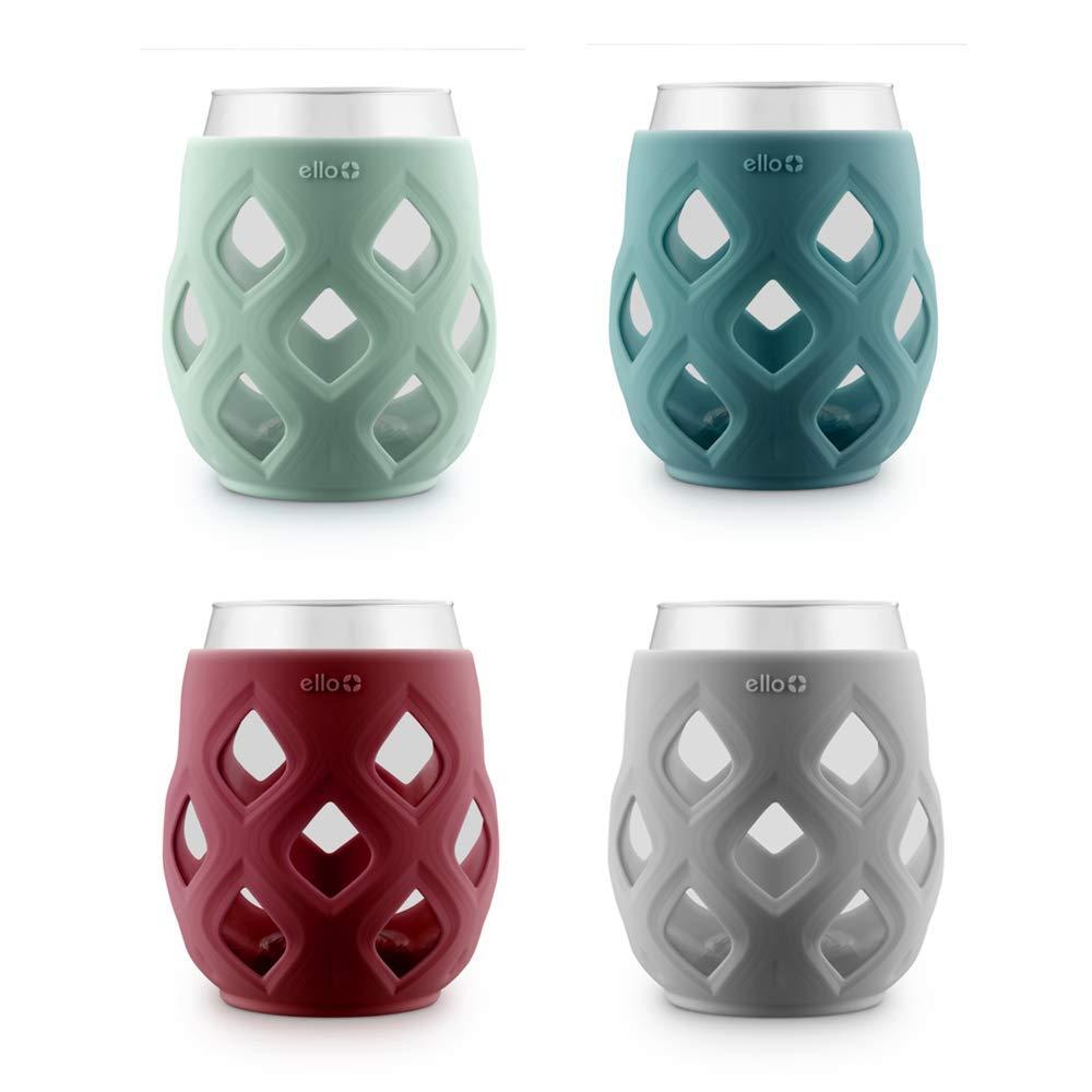 Ello Ello Cru 17oz Stemless Wine Glass Set with Protective Silicone Sleeves, 4 Pack Cocktail Glass Perfect for Summer Patios, Parties, Holiday Gifting Her or Him, Dishwasher Safe, Holiday Jewels