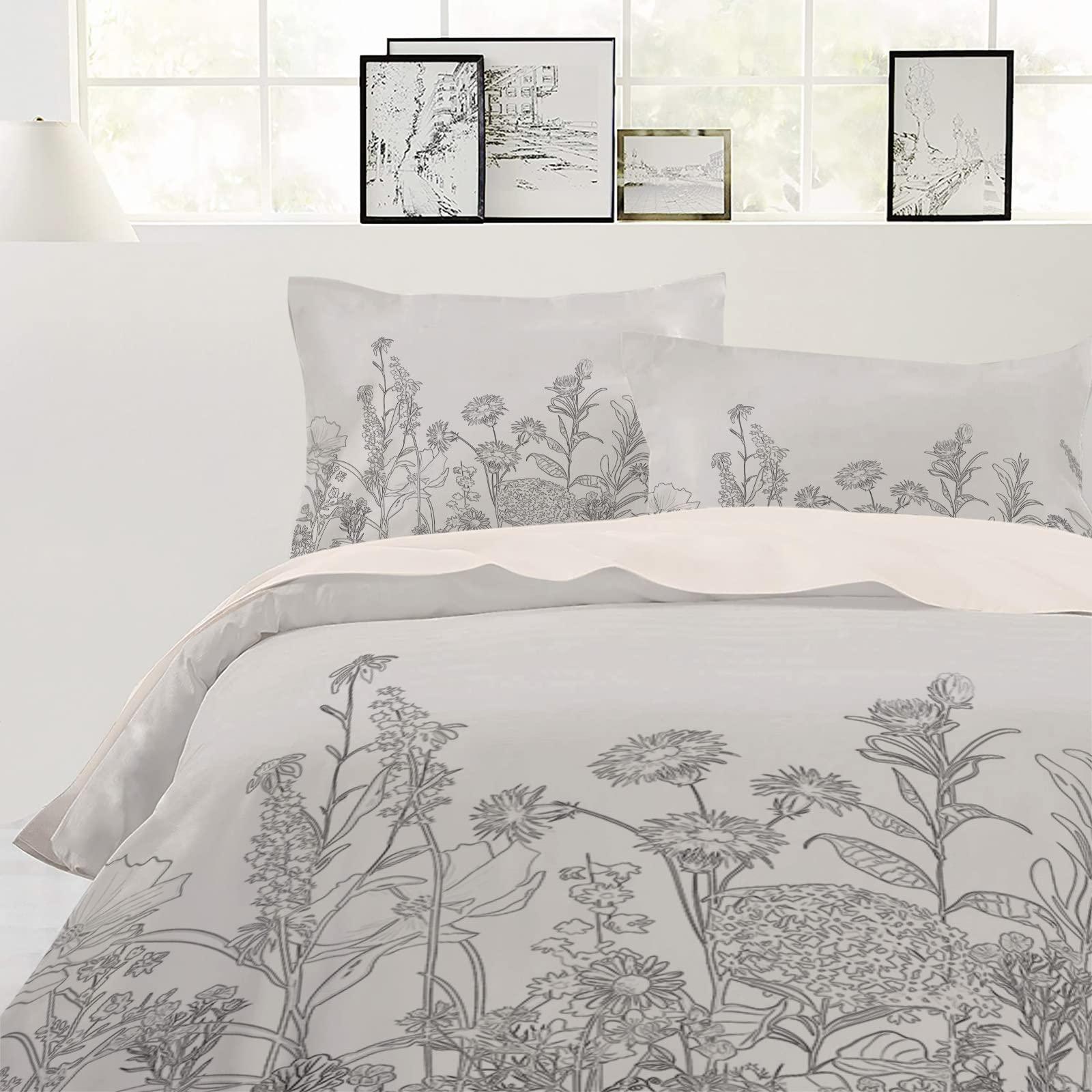 Debedcor Lavender Flower Sea Duvet Cover Cal. King Size, Black and White Retro Botanical Floral Comforter Cover with Zipper Closure, 3 Piece Bedding Sets 1 Duvet Cover 90x106 Inches and 2 Pillow Shams