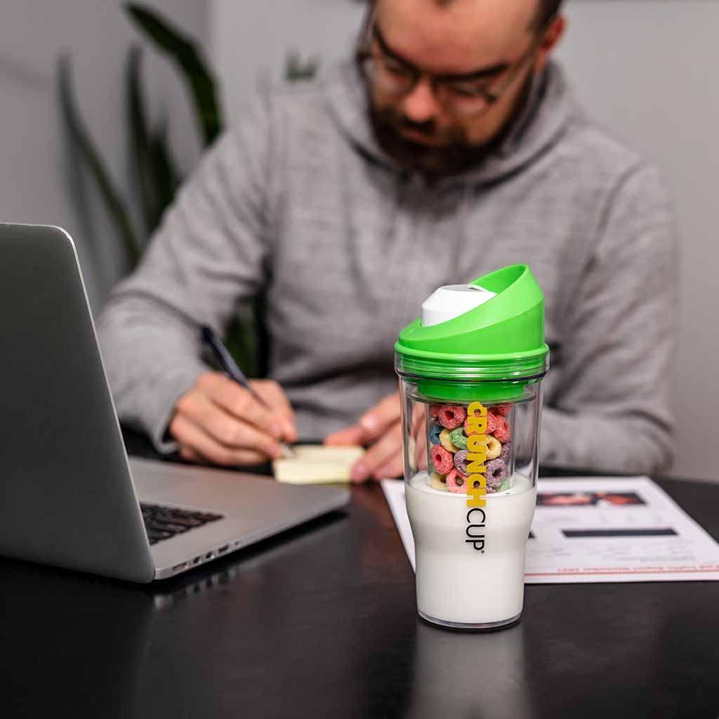 CRUNCHCUP CRUNCHCUP XL - Portable Plastic Cereal Cups for Breakfast On the Go, To Go Cereal and Milk Container for your favorite Breakfast Cereals, No Spoon or Bowl Required (Green)