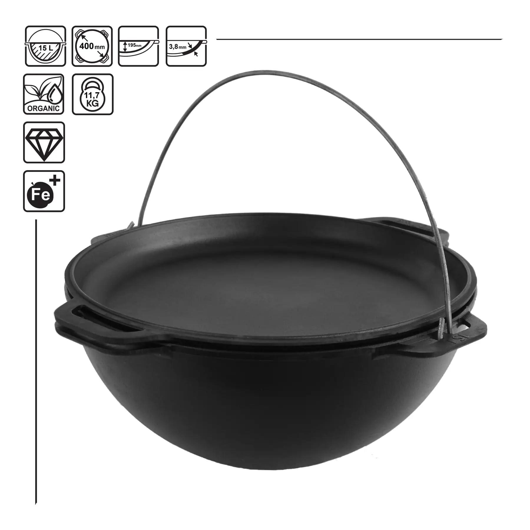 Free2Buy Free2Buy Heavy Duty Cast Iron Traditional 15 L Kazan Uzbek Skillet Discada Cookware Plov Wood Fire Oven Dutch Wok + Lid - Outdoor Cooking Frying Pot - Cooking Gifts