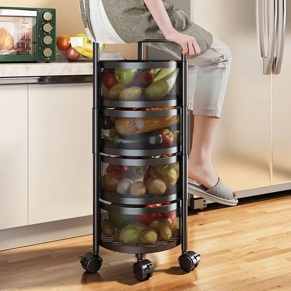 Johofiow Johofiow 5 Tier Vegetable Basket Large Storage Rack with Wheels, Rotating Metal Kitchen Storage Basket Rolling Cart with Metal Top Lid, Wire Basket Organizer for Potato Onion Bread Banana