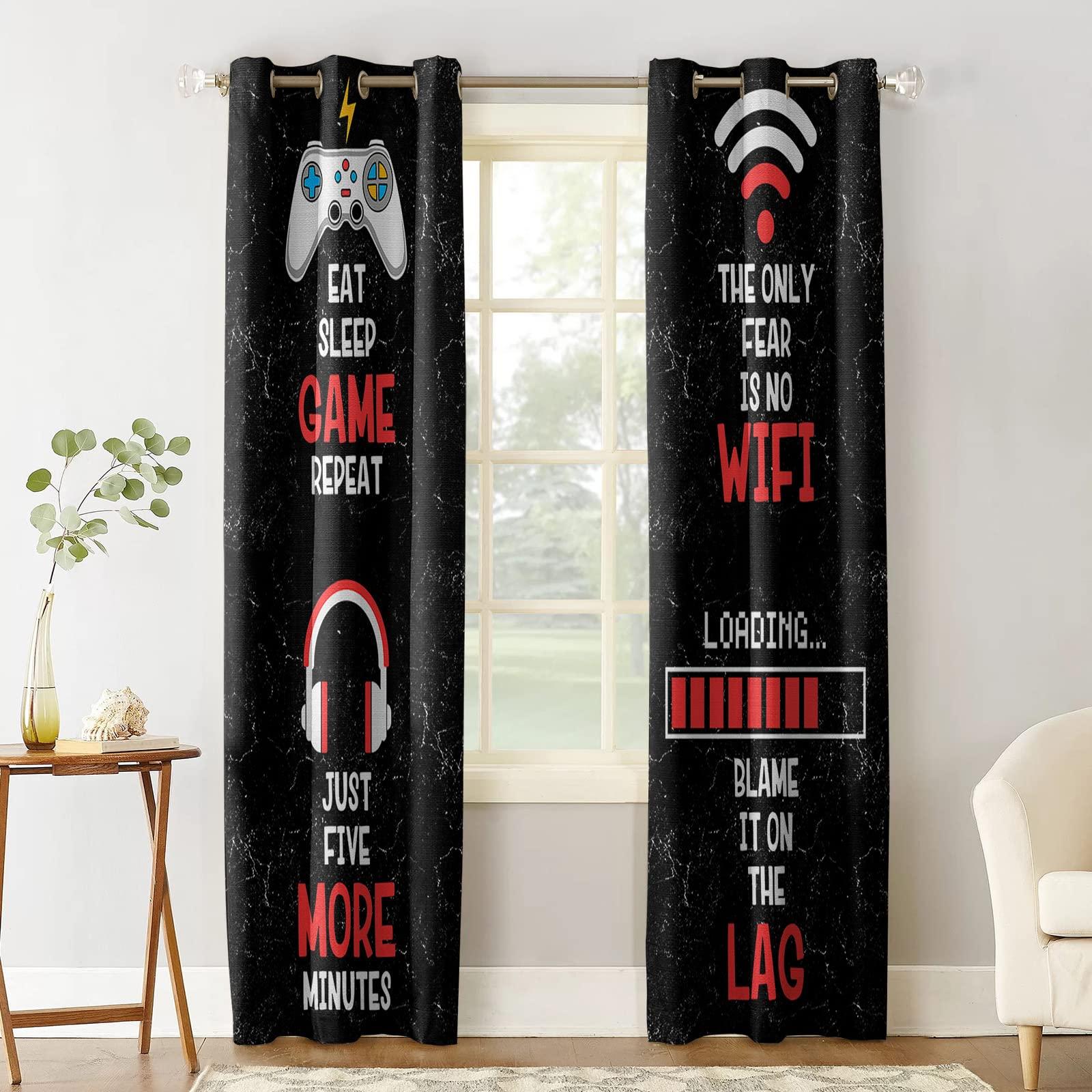 BOBOWUNY Video Game Art Funny Quotes Blackout Curtains 54 Inches Length, Games Gamer Gamepad Earphone Waiting to Load Black Window Treatment Thermal Insulated for Bedroom Living Room 2 Panels 104x54 Inches