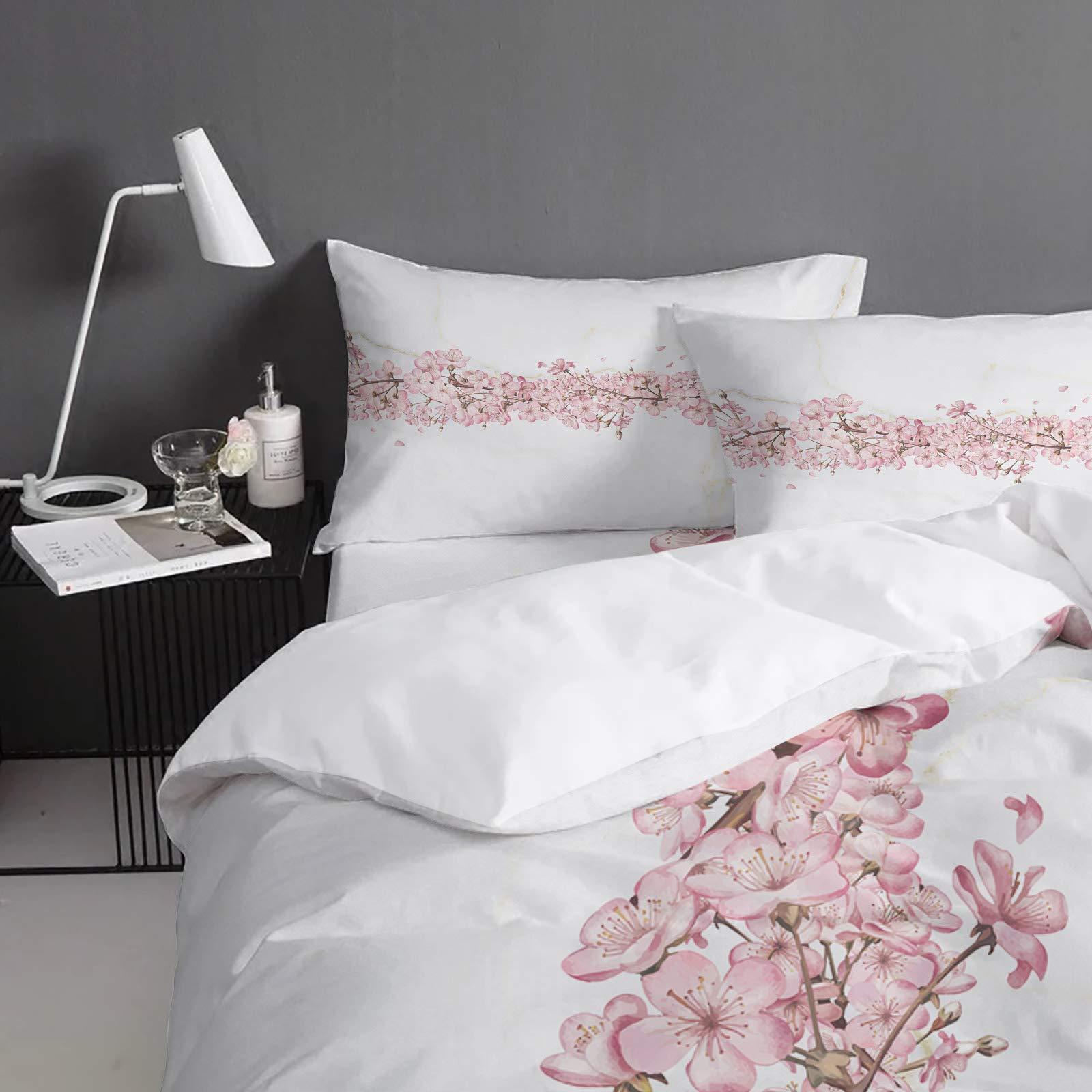 Plelat Zipper Duvet Cover Set Soft Comforter Cover Set for Girls Boys,Pink Peach Blossom Beautiful Flowers Bedding Sets Twill Plush Bed Sheet Set,King Size