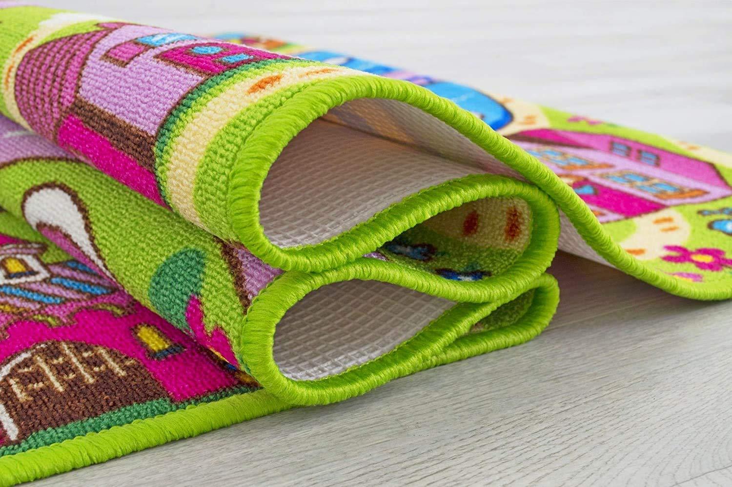 Champion Rugs Girls Roads City Map Train Tracks Cars Educational Fun Non-Slip Pink Play Mat Carpet for Kids and Children Bedrooms and Playroom (8 Feet X 10 Feet)