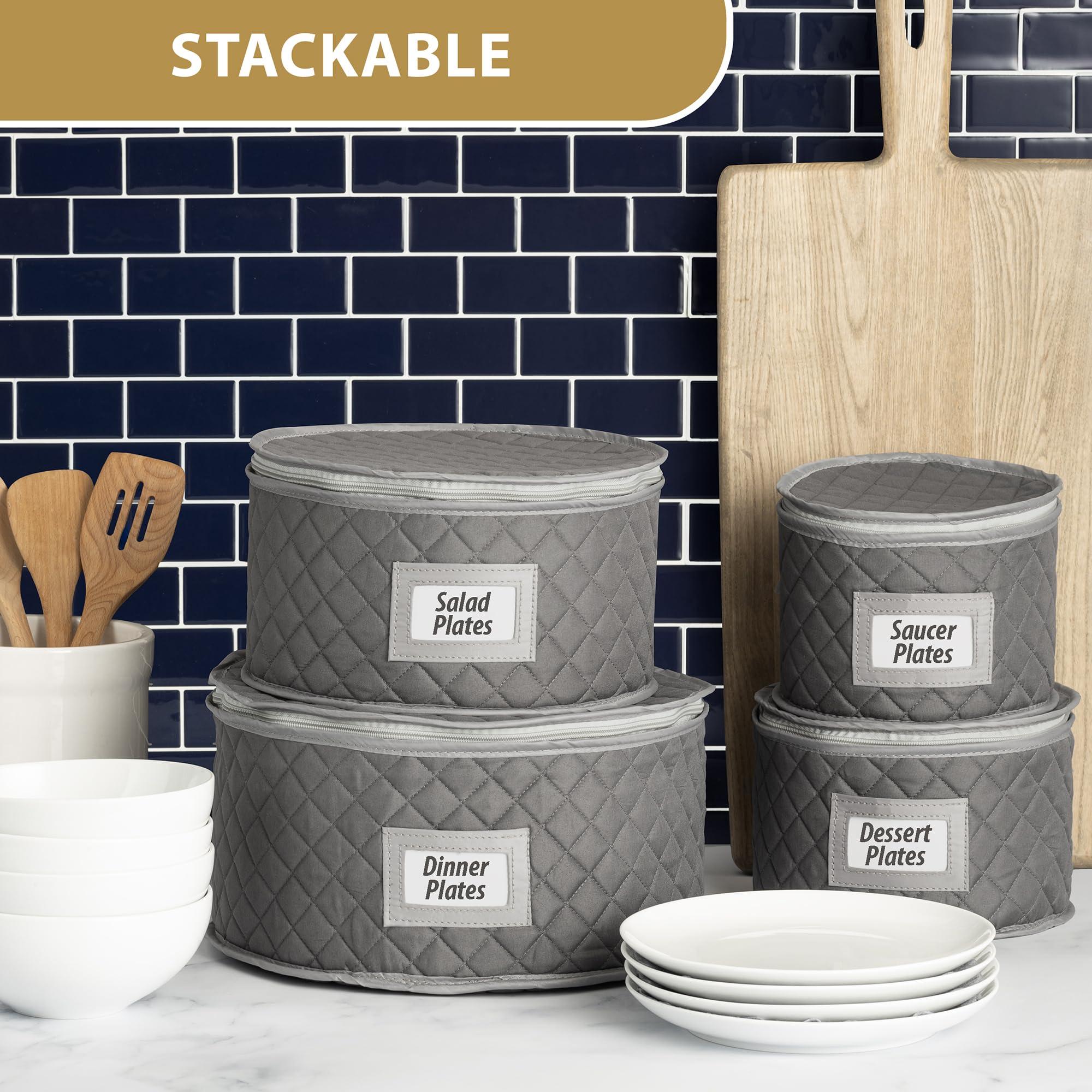 Stack Store Plus More Fine China Storage - Set of 4 Quilted Cases for Dinnerware Storage. Sizes: 12" - 10" - 8" and 7" Wide - Gray - 48 Felt Plate Separators Included