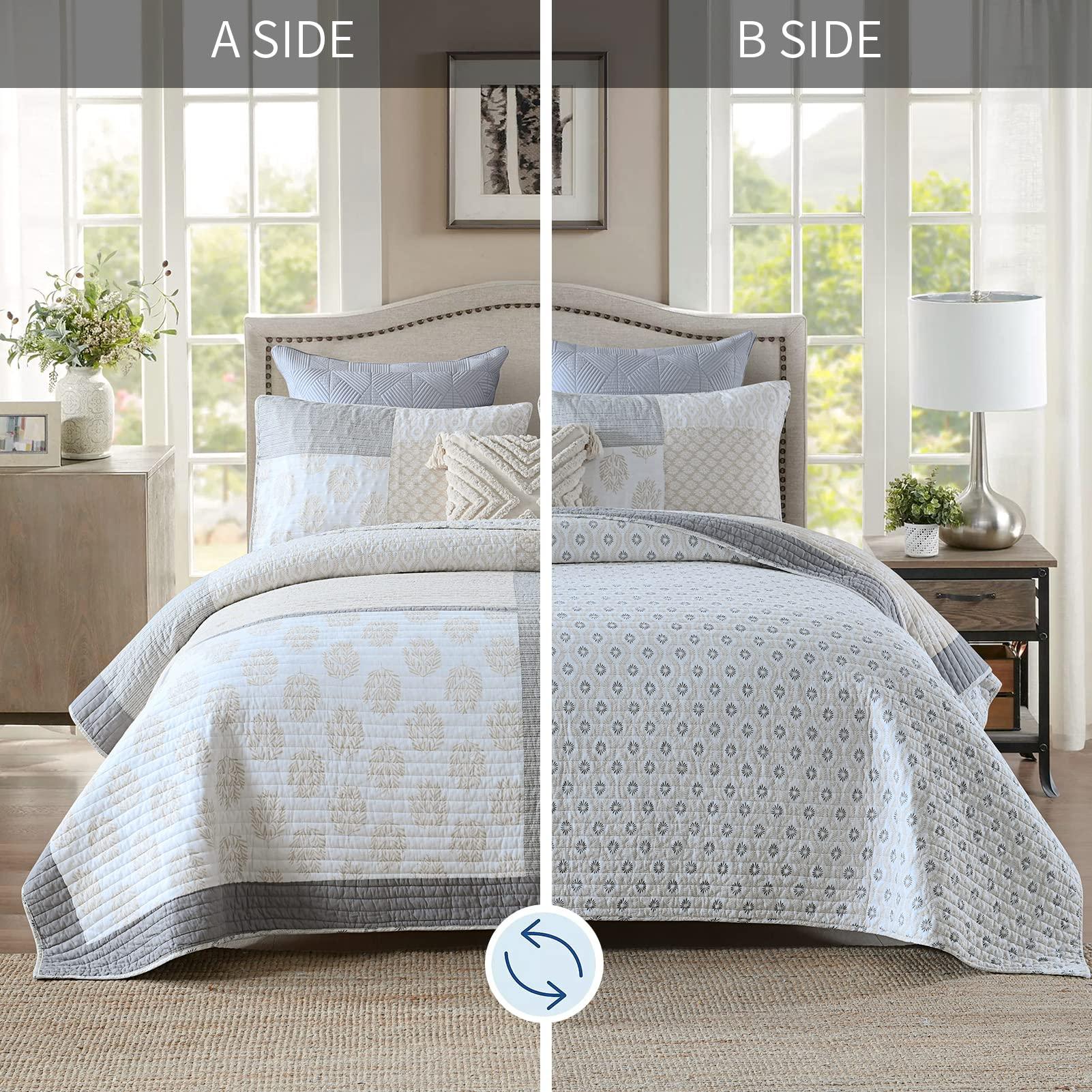 Finlonte Finlonte Quilt Set King Size - 100% Cotton King Comforter Set, Patchwork Bedspread Reversible Lightweight Bedding, Moonbeam Grey White Floral Quilts for King Bed All Season, 3 Pieces