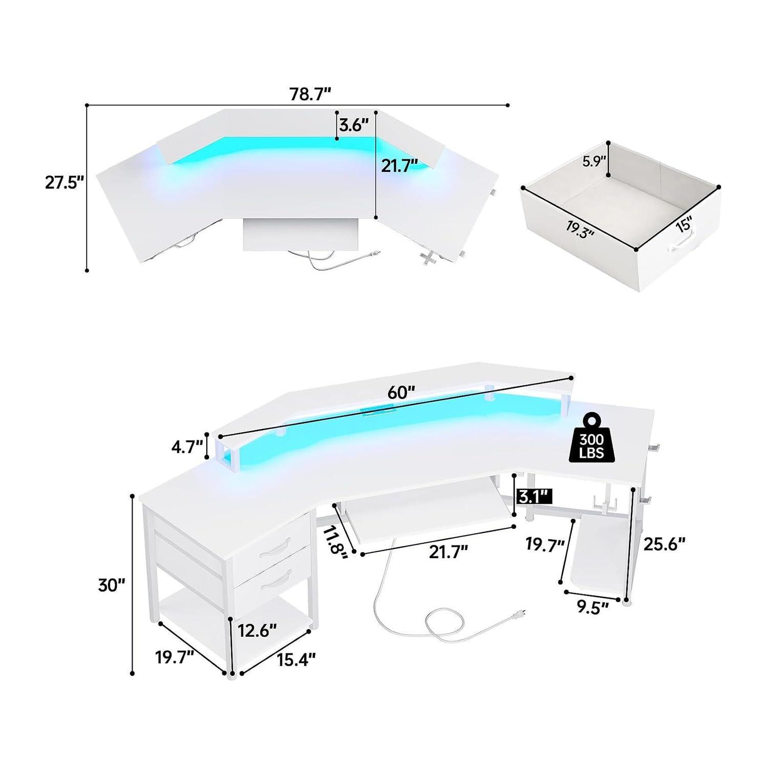Thaweesuk Shop Thaweesuk Shop New Modern White 79 Inches U Shaped Gaming Computer Desk 2 Fabric Drawers LED Lights Monitor Stand Shelf Shelves Storage File Drawer Power Outlet Light Outlets Table Home Office Wood