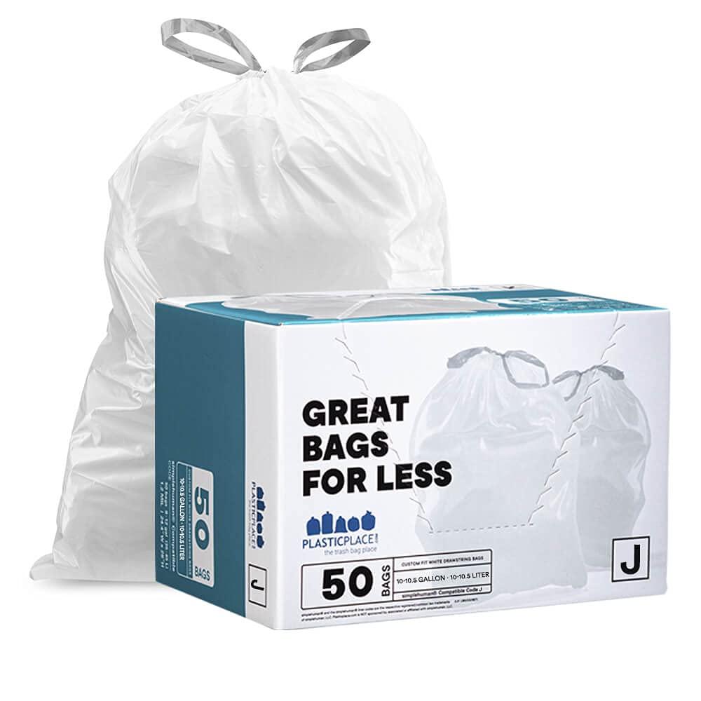 Plasticplace Plasticplace Custom Fit Trash Bags, Compatible with simplehuman Code J (50 Count), White Drawstring Garbage Liners 10-10.5 Gallon / 38-40 Liter, 21\" x 28\"
