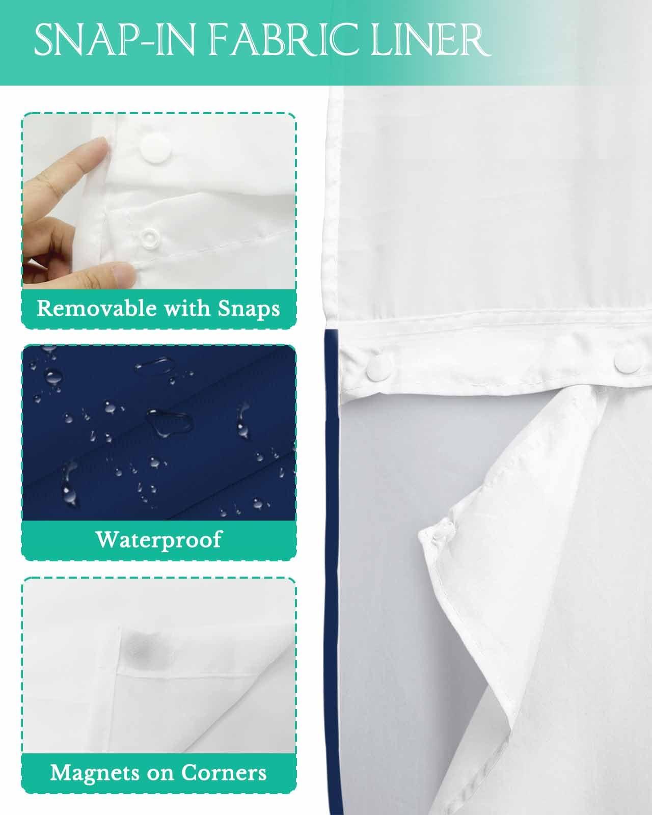 PIEPLE No Hook Shower Curtains with Snap in Liner, Navy Blue Waterproof Fabric Shower Curtain, Pure Blue Solid Color Simple Minimalism Art Double Layers & See-Through Top Window Bathroom Curtains 60''x72''