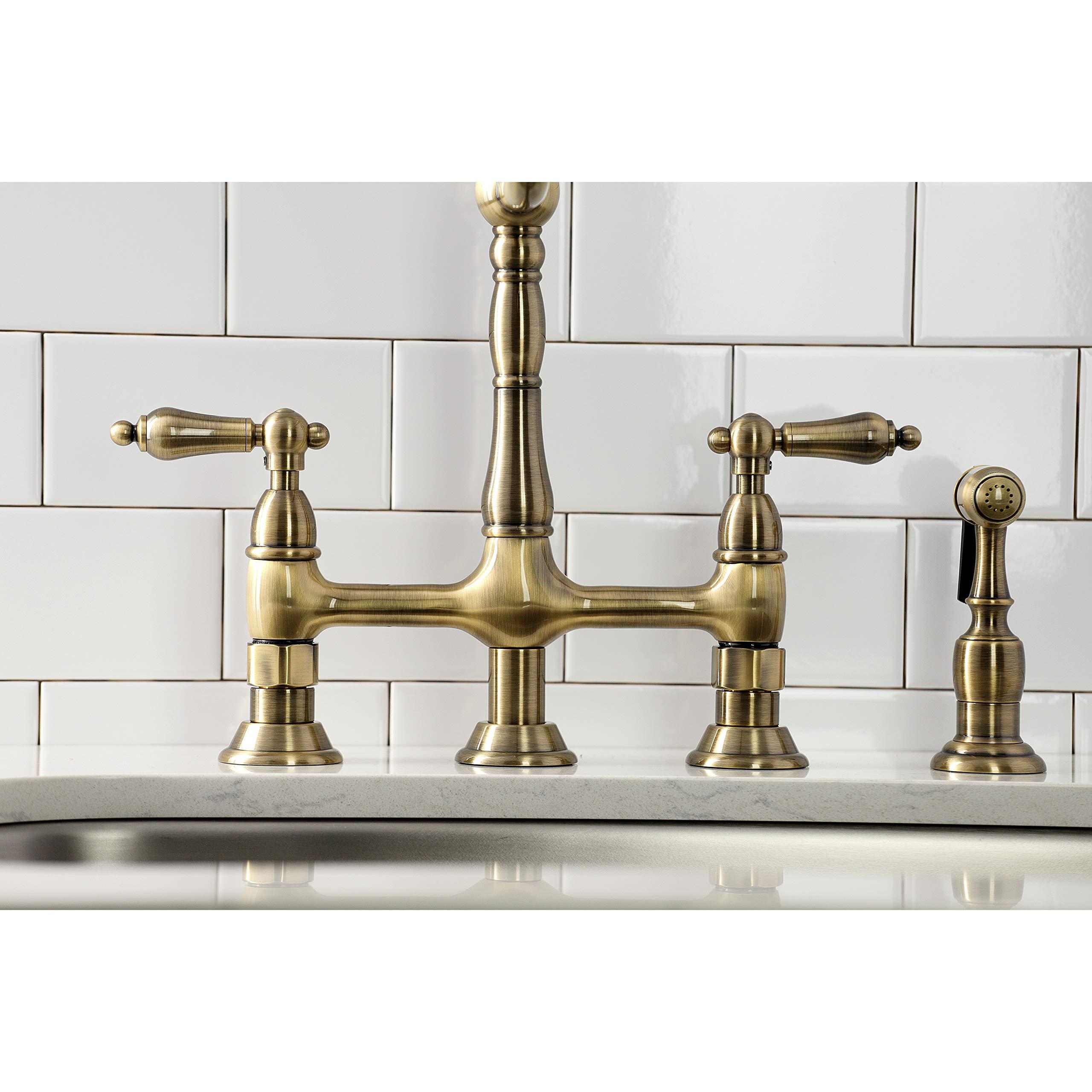 Kingston Brass Kingston Brass KS1273ALBS Heritage 8-Inch Kitchen Bridge Faucet with Brass Sprayer, Antique Brass