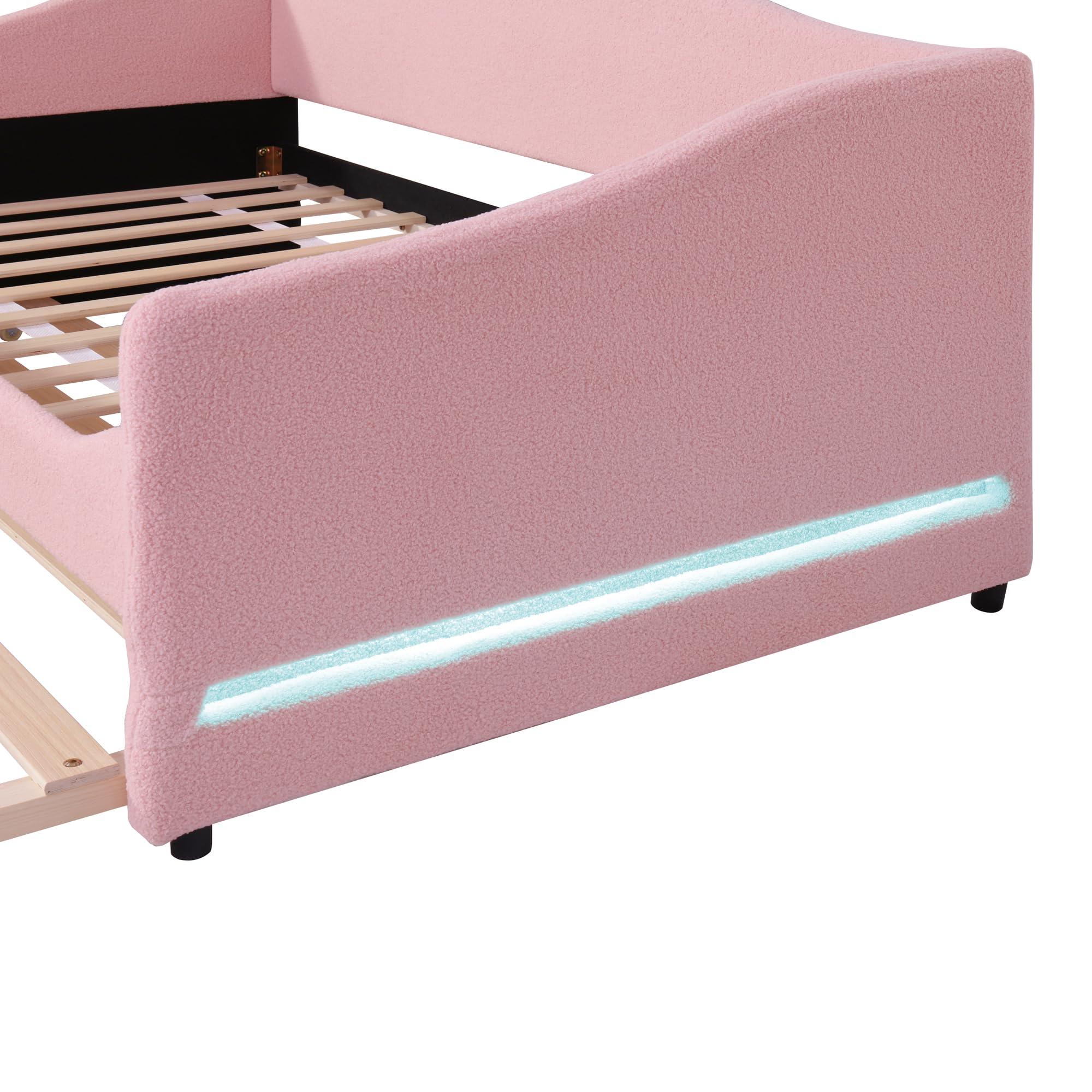 MERITLINE MERITLINE Twin Size Upholstered Daybed with Trundle and LED Light, Teddy Fleece Sofa Bed Frame, Wood Twin Trundle Bed for Bedroom Living Room, Pink