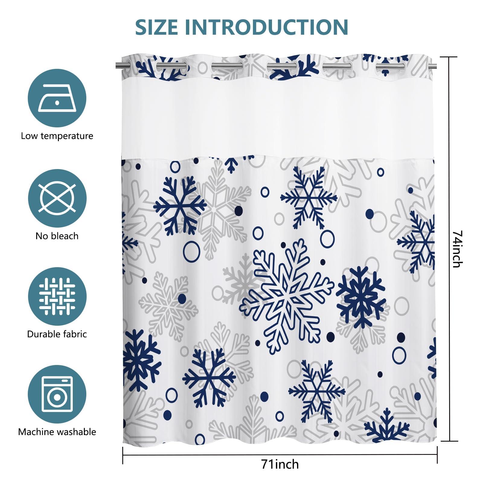 MEHOFOND MEHOFOND No Hook Winter Snowflake Shower Curtain, Hookless Christmas Shower Curtain,Blue and Grey Xmas New Year Holiday Bathroom Bathtubs Decor with Snap in Liner, Waterproof Polyester Fabric 71X74in