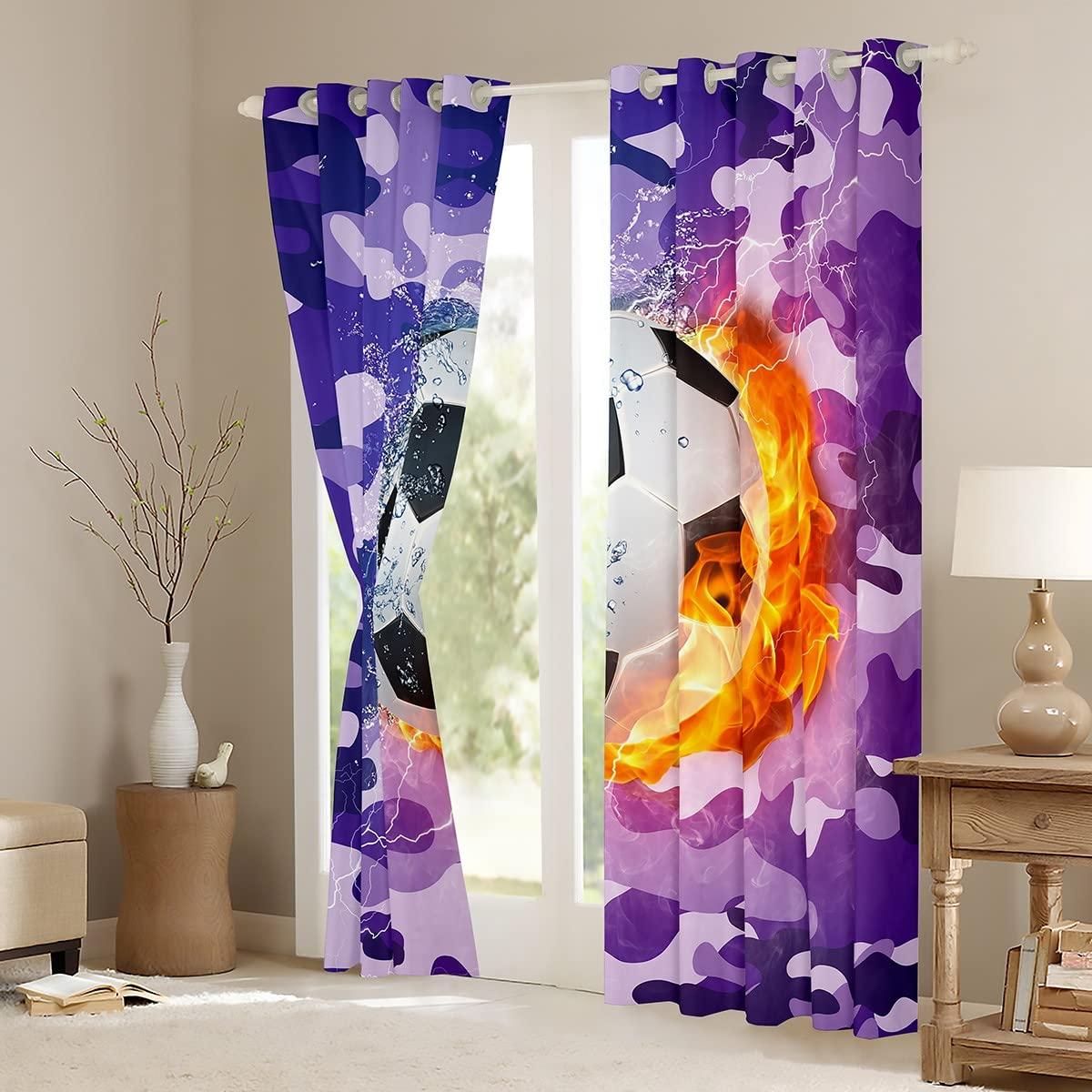 Erosebridal Football Curtains For Boys, Soccer Window Curtains, Sports Games Bedding Set For Kids Teens Adult Men, Camouflage Ice And Fire Thermal Insulated Window Drapes For Living Room Decor, Purple 42"Wx84"L