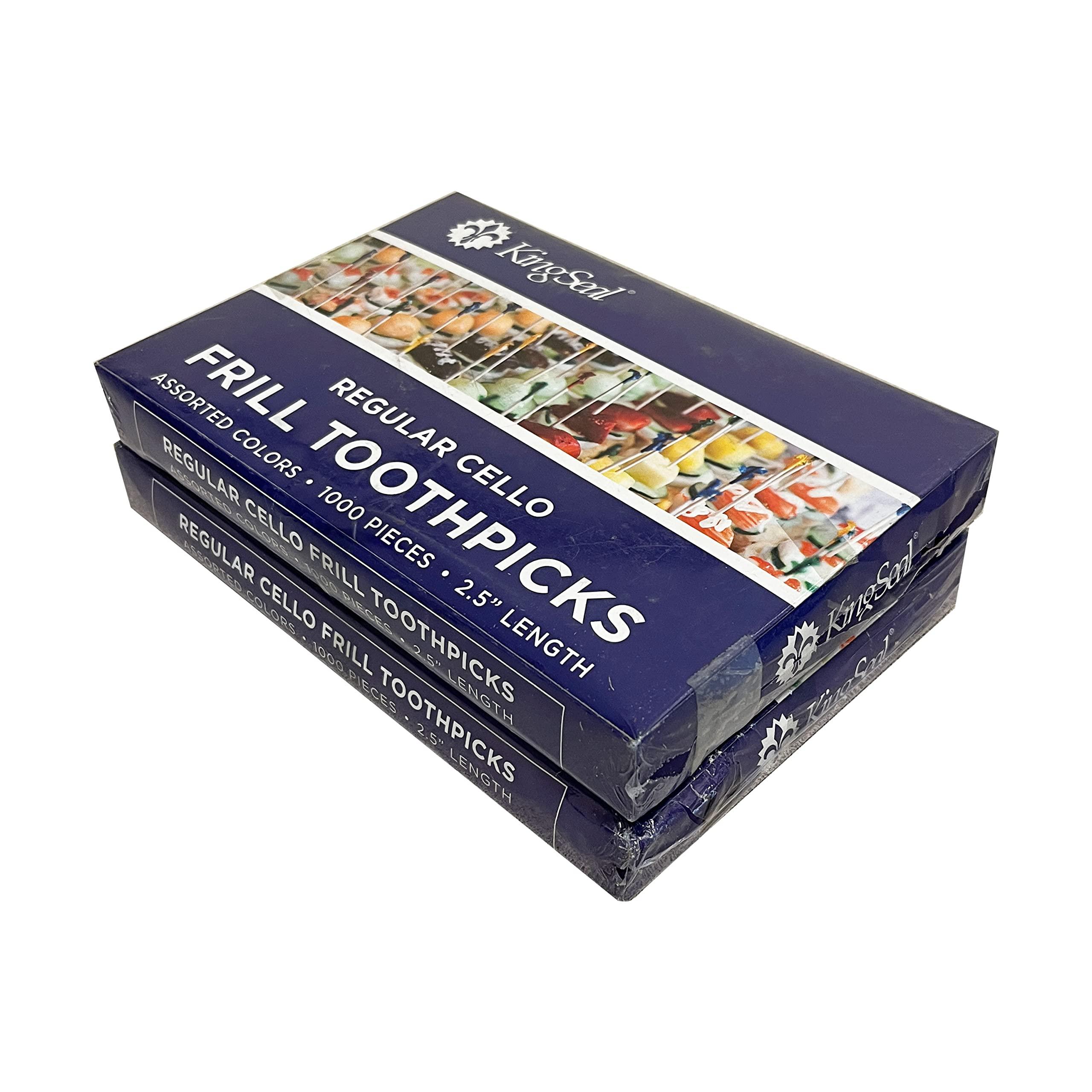 KingSeal 2000 Count | KingSeal Regular Sandwich Frill Toothpicks, Assorted Colors, 2.5 Inch Length, Bamboo Wood - 2 Boxes x 1000 Each