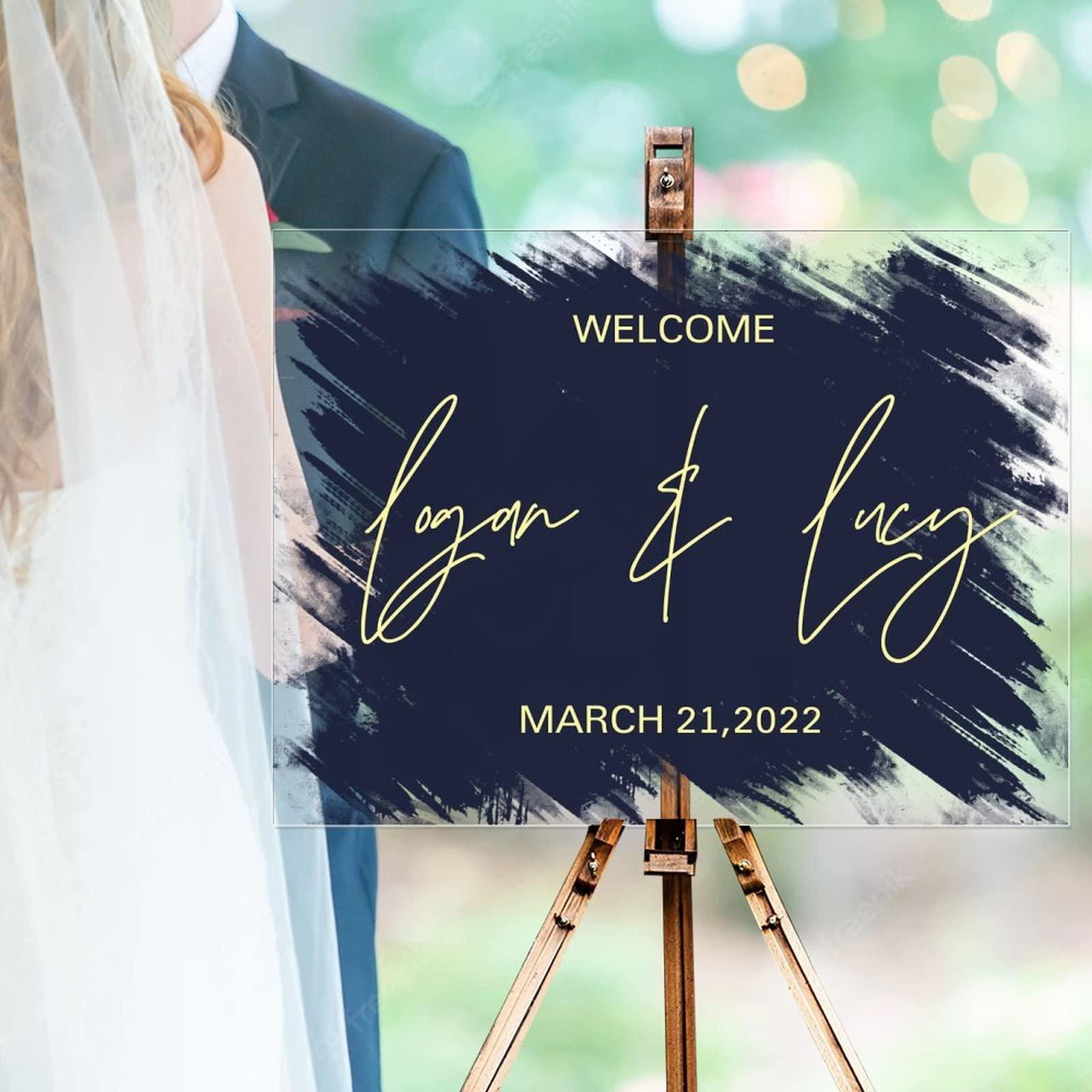Generic And So Adventure Begins Personalized Welcome Wedding Sign Navy Blue Back Paint Gold Art Font Wedding Ceremony Sign Modern Acrylic Reception Decorations Party Signs for Wedding Ceremony 18x24in