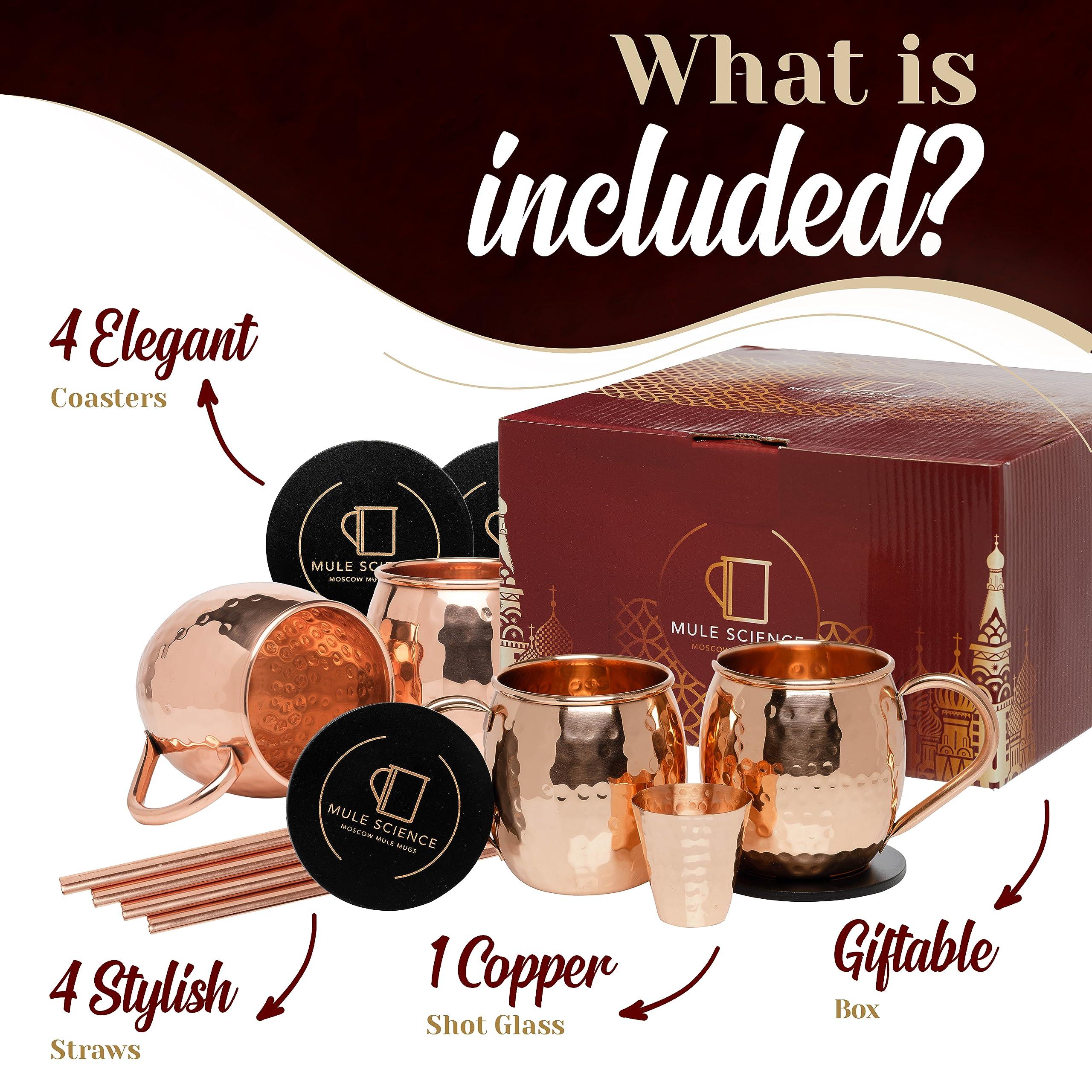 Advanced Mixology Advanced Mixology [Gift Set] Mule Science Moscow Mule Mugs Set of 4 (19 oz. large size) | 100% Handcrafted | Food Safe | Copper Mugs w/Accessories | Tarnish Resistant Copper Cups
