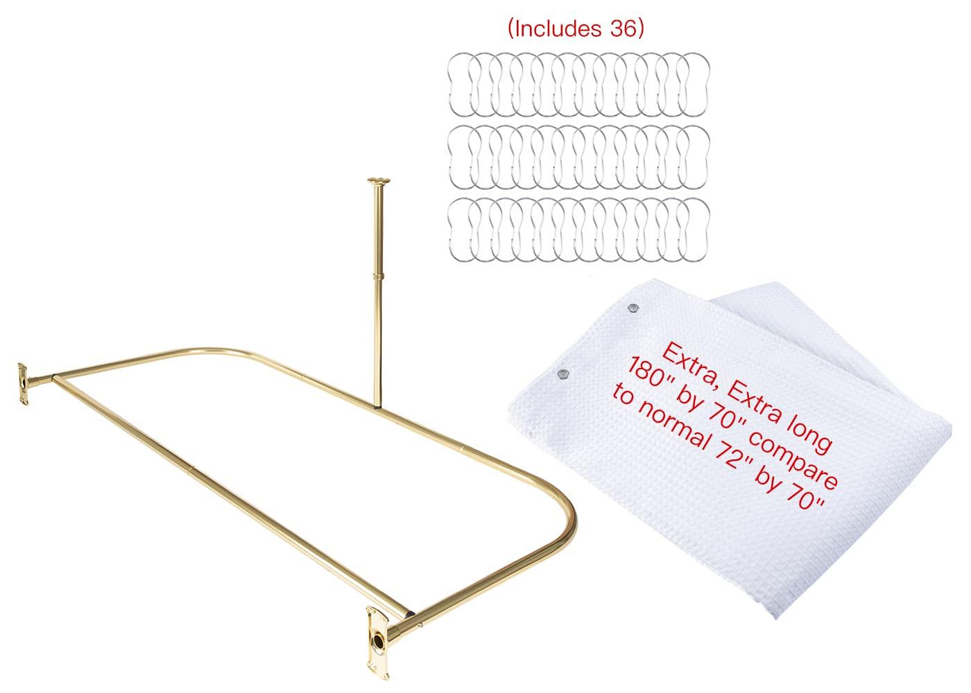 Utopia Alley Utopia Alley Rustproof Aluminum Shower Curtain Rod | D-Shape Shower Rod with Ceiling Support, Perfect for Freestanding Tub & Shower, Gold + White Curtain Combo (61"L x 28"W)