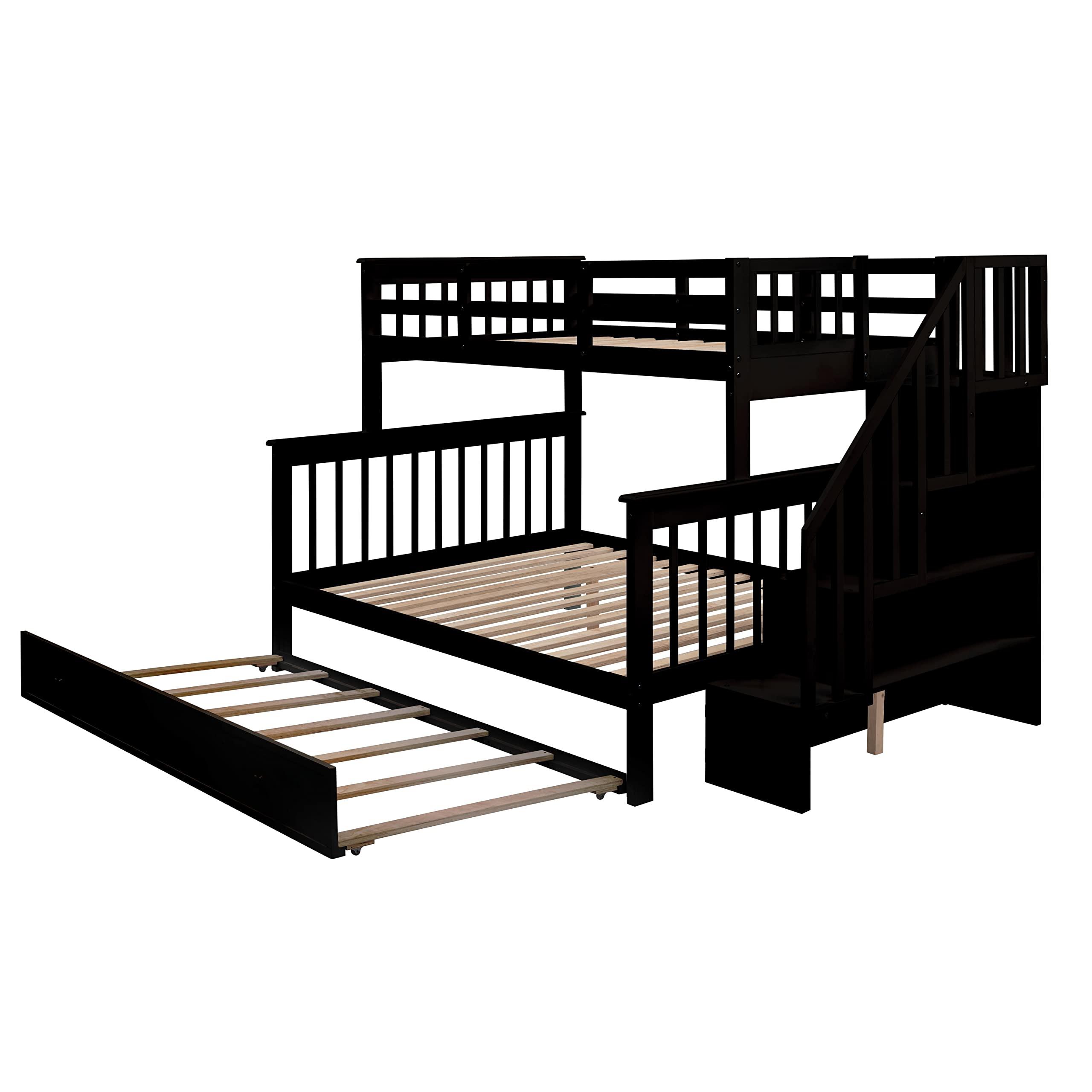 Generic Generic Twin-Over-Full Bunk Bed with Twin Size Trundle, Storage and Guard Rail for Bedroom, Dorm, for Adults, Espresso