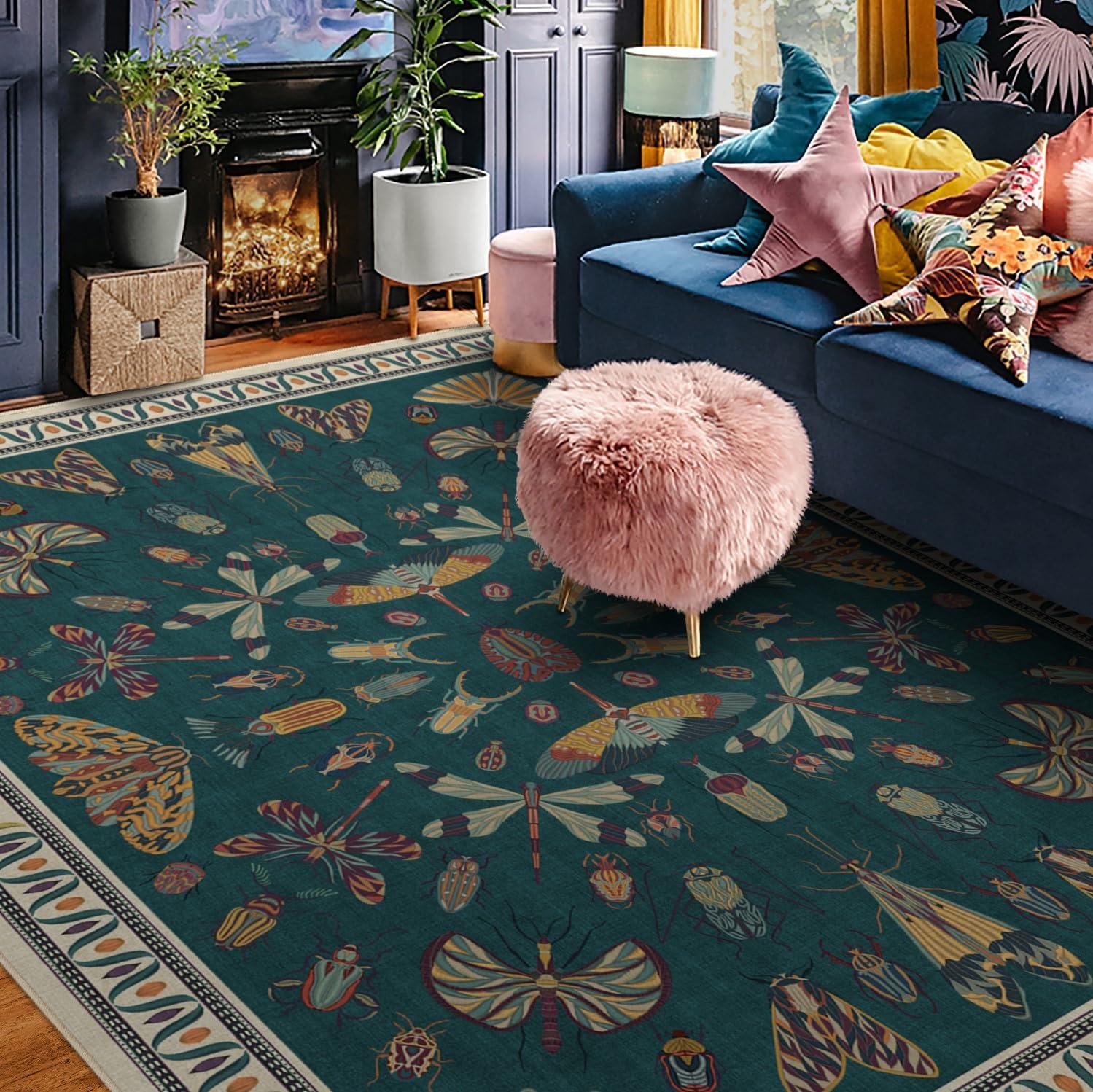 RUGGABLE Ruggable Washable 10x14 Large Area Rug, Flutterby Teal, Premium Modern Rugs for Living Room, Bedroom, Kitchen, Office, Classroom with Gripper Non Slip Pad, Iris Apfel