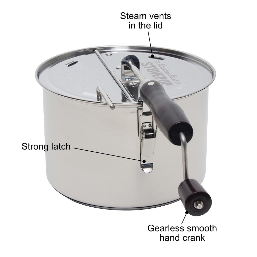 TIME FOR TREATS StovePop Stainless Steel Popcorn Popper - Gearless Hand Crank, Magnetic Lid, 6 Qt - Induction Range Compatible