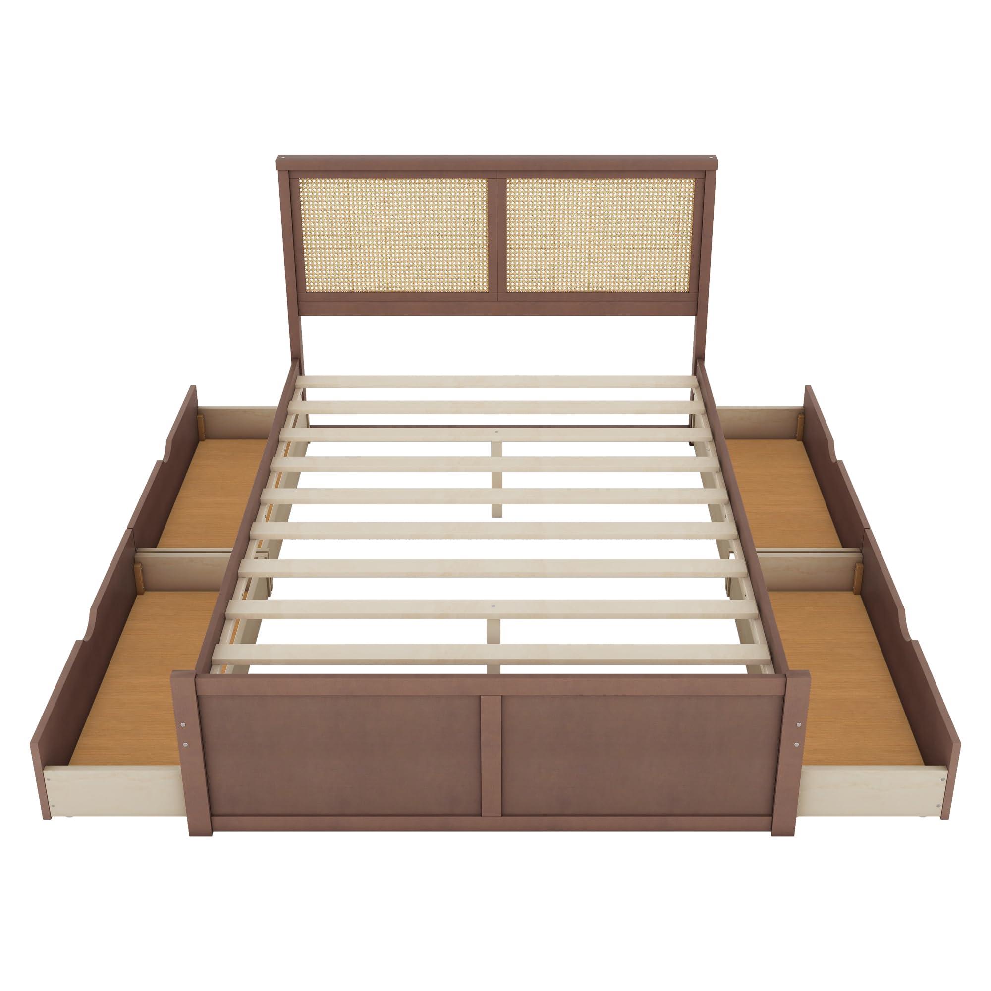 RuiSiSi RuiSiSi Queen Size Wooden Bed Frame with 4 Storage Drawers, Platform Bed with Rattan Headboard, for Bedroom, Espresso