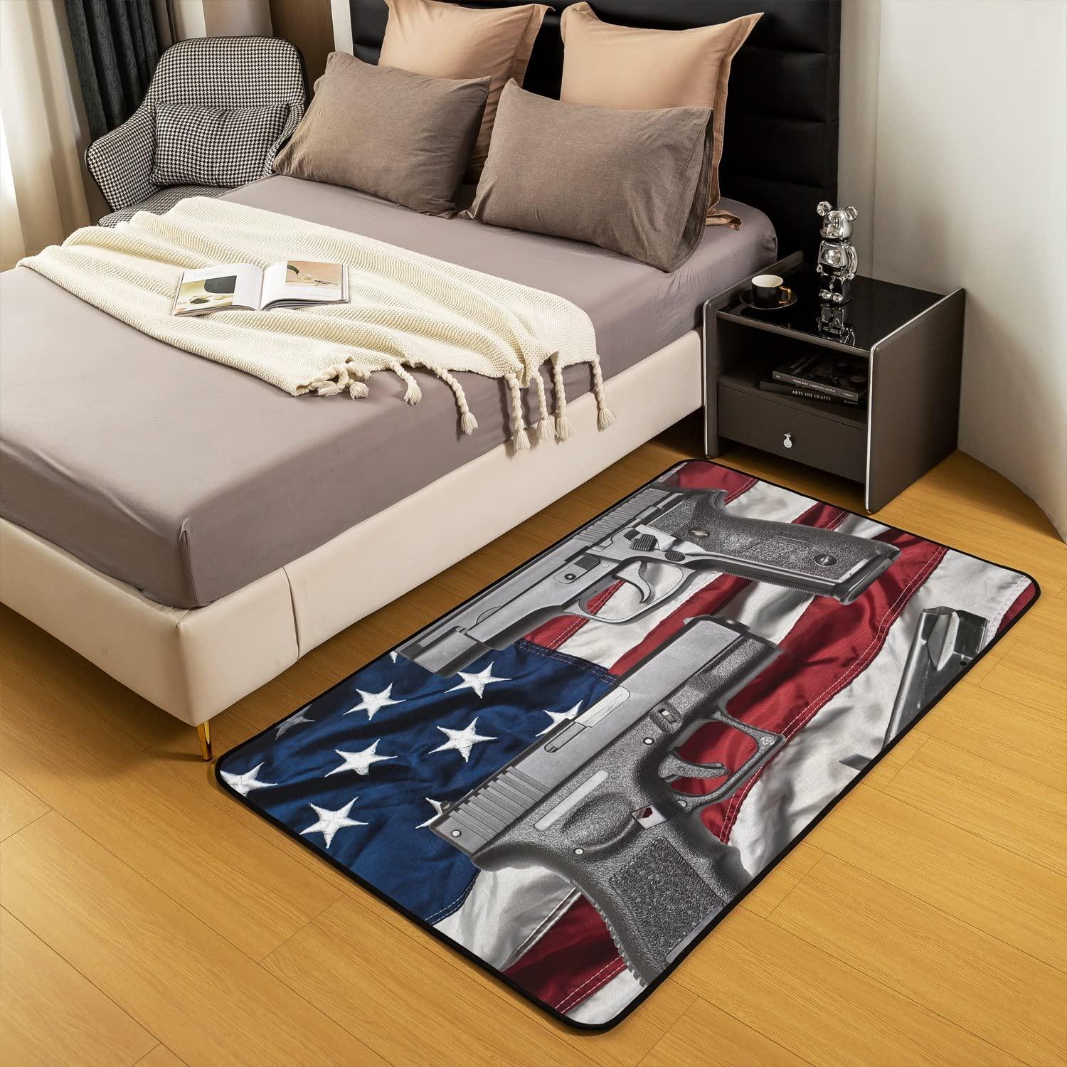 jejeloiu American Flag Area Rug 5'x7' Gun Living Room Rugs for Bedroom Home Decorative Weapon Carpet Ultra Soft Non-Slip Indoor Floor Mat