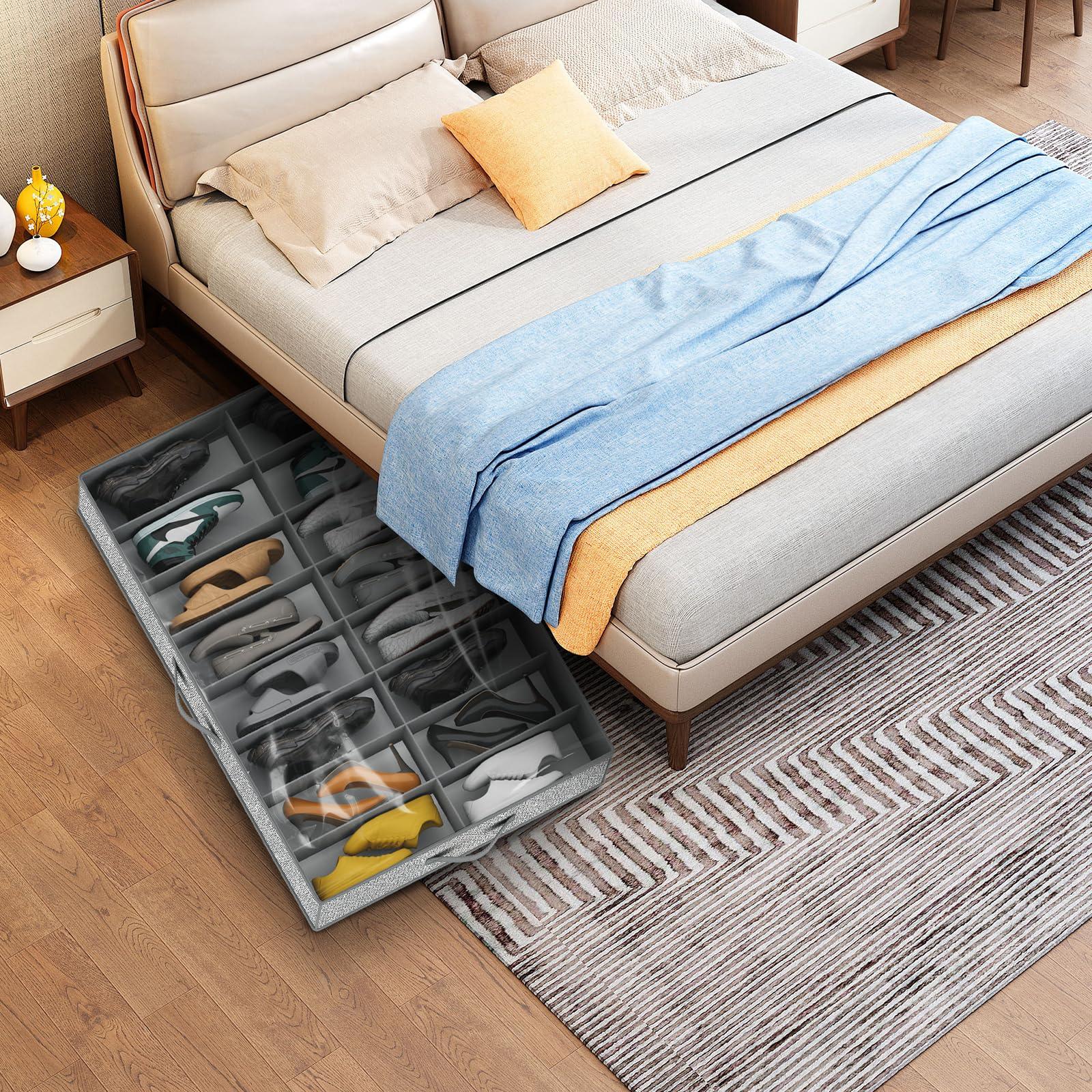 homyfort 32 Pairs Shoe Organizer Under Bed, Underbed Shoe Storage Boxes Bins, Organizador De Zapatos, Extra Large Zapateras Organizer, Grey, Set of 2