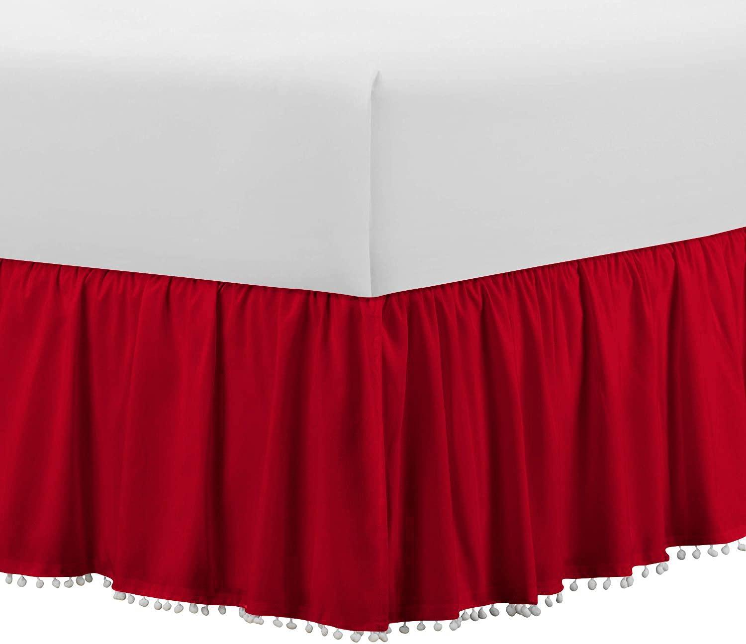 Protocott Luxury Pom Pom Dust Ruffle BedSkirt 100% Egyptian Cotton 1000 Thread Count, Top-Knot Tassel Pompom Fringe White Solid Pattern, 21 Inch Drop Full Size, Red Solid