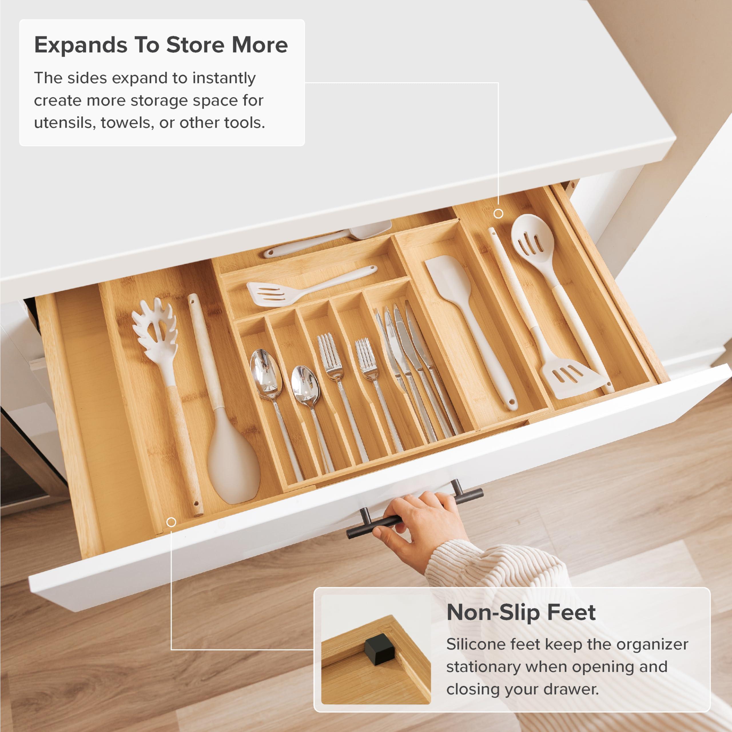 KitchenEdge KitchenEdge Premium Silverware, Flatware and Utensil Organizer for Kitchen Drawers, Food-Safe Contract Grade, Expandable from 16 to 28 In, Natural Bamboo