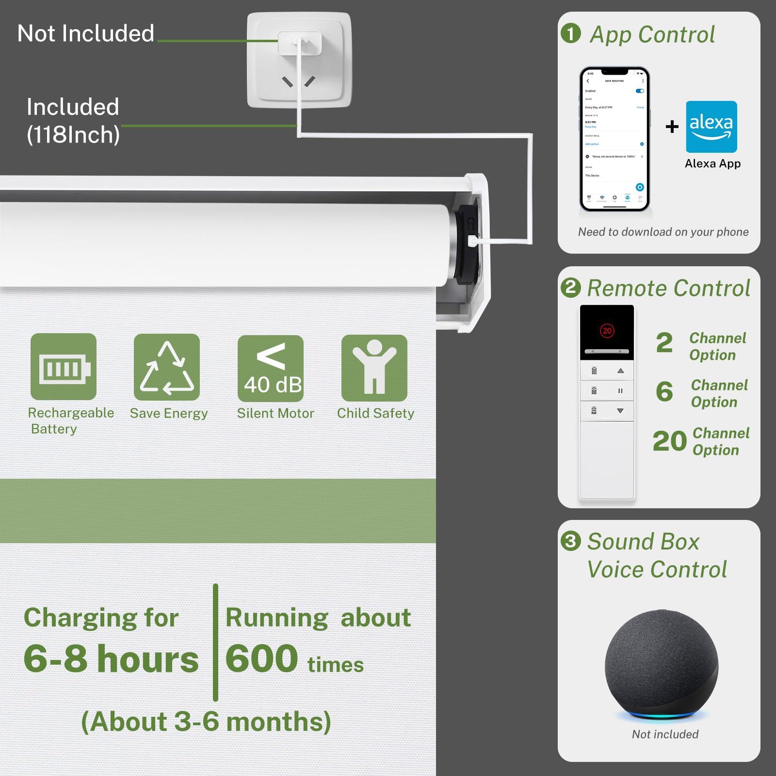 MiLin MiLin Motorized Roller Window Shades Smart Cordless Blinds & Shades Direct Connection to Alexa Motorized Blinds with Remote Both Side Same Color (100% Blackout Hazel, 62" W x 80" H)