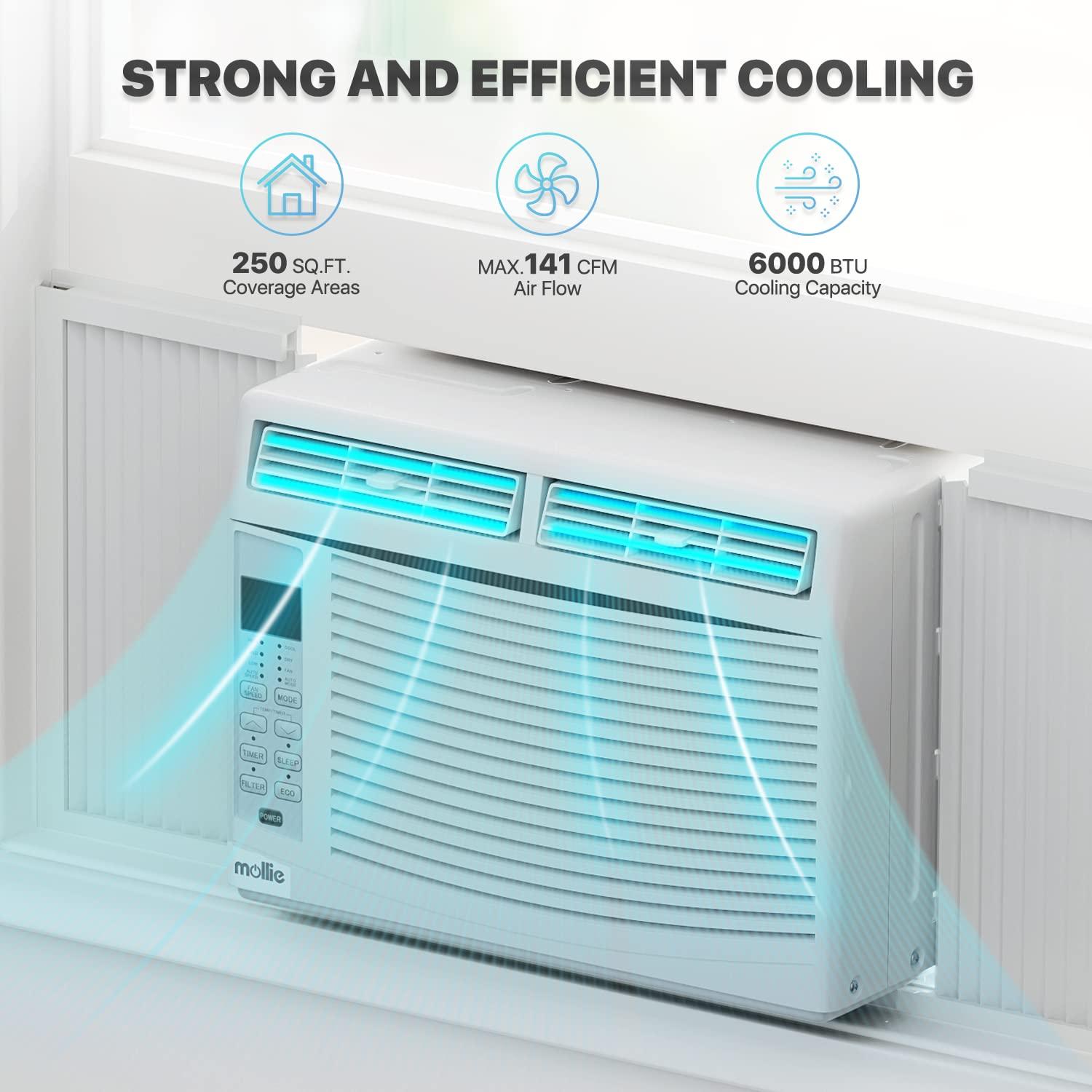 mollie mollie 6000 BTU Window Air Conditioner, ac window unit with Washable Filter, Remote, Dehumidifier, Fan, Cools Up to 250 Square Feet, 115V/60Hz
