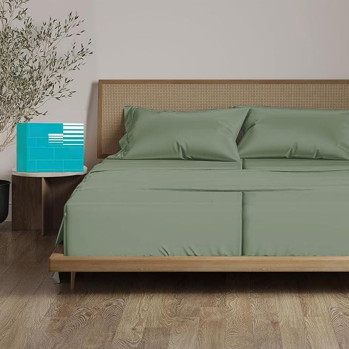 Silentnight Split King Sheets for Adjustable Beds 100% Egyptian Cotton 1000 Thread Count Sheets - 5Pcs Split King Sheet Set 18\" Inch Deep Pocket - Sage Solid